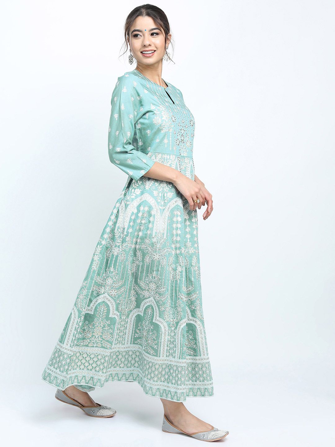 Dhimhi Women's Sea Green & White Ethnic Motifs Keyhole Neck A-line Dress