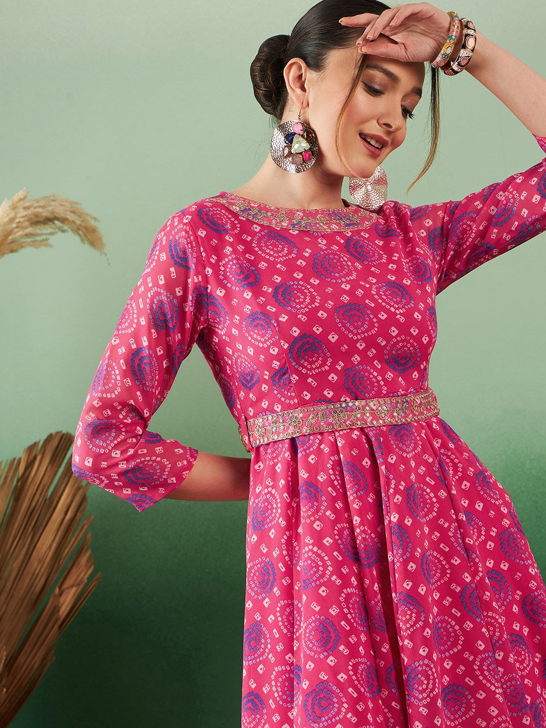 Dhimhi Women's Bandhani Printed Georgette Ethnic Maxi Fit & Flared Dress With Belted Detail