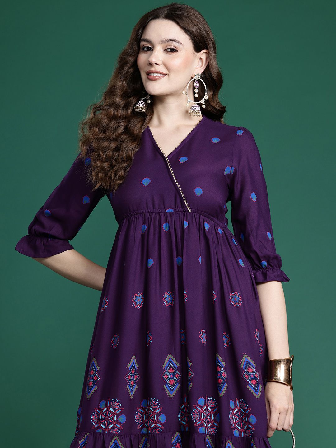 Dhimhi Women's Printed Gotta Patti Midi Empire Dress