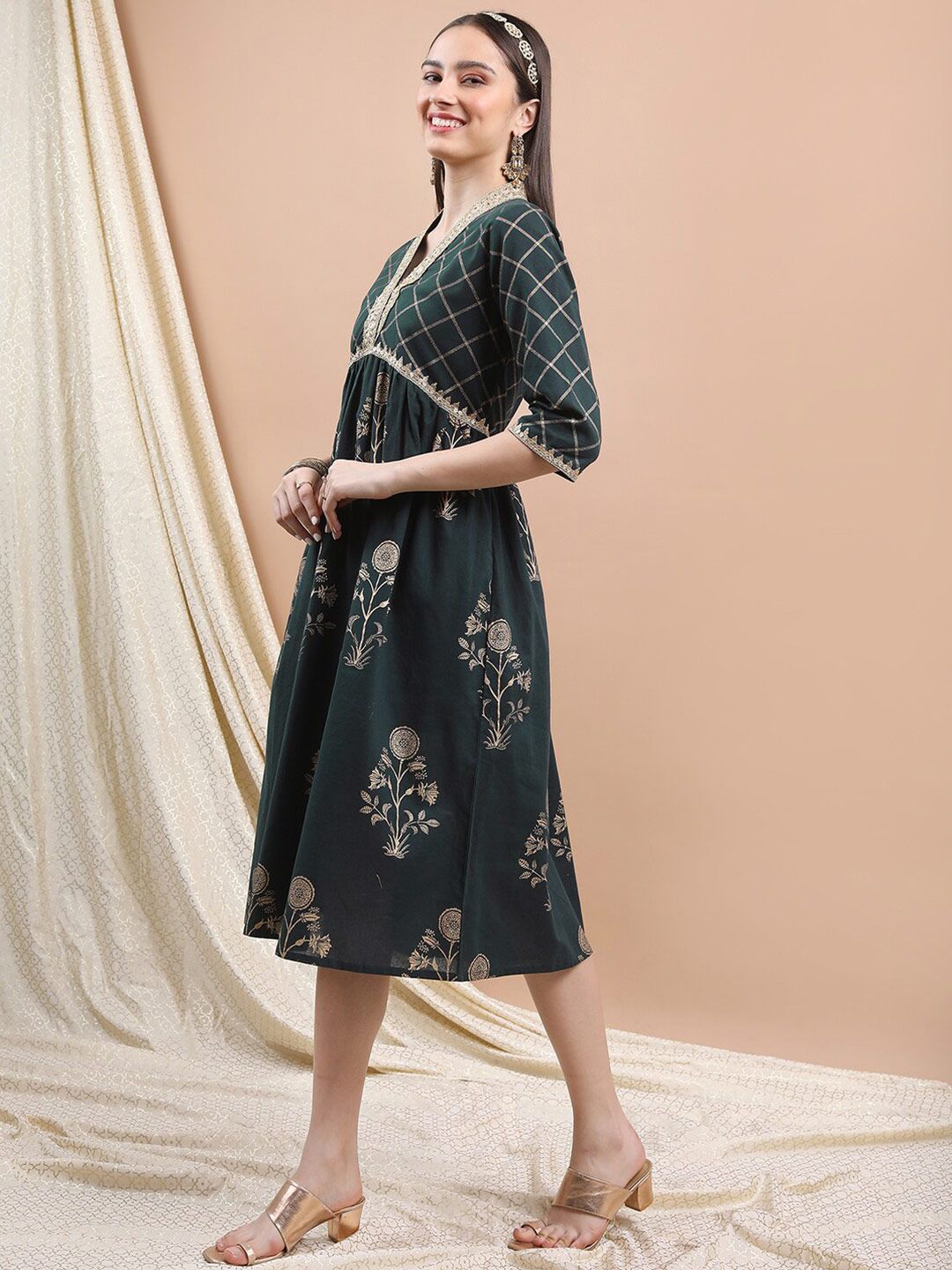 Dhimhi Women's V-Neck Floral Printed Sequined Fit & Flare Ethnic Dress