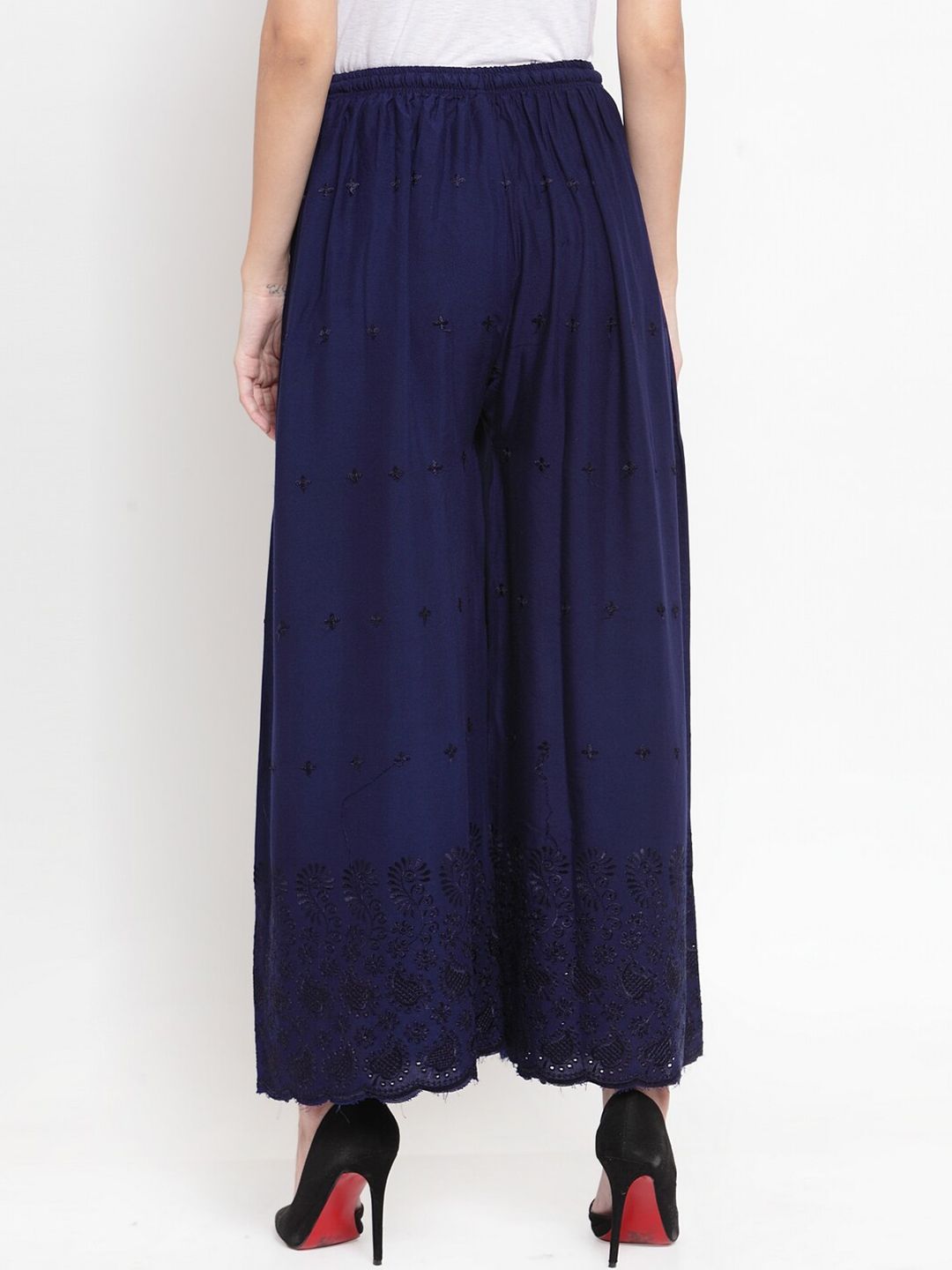 Dhimhi Women's Navy Blue Embroidered Chikankari Flared Palazzo