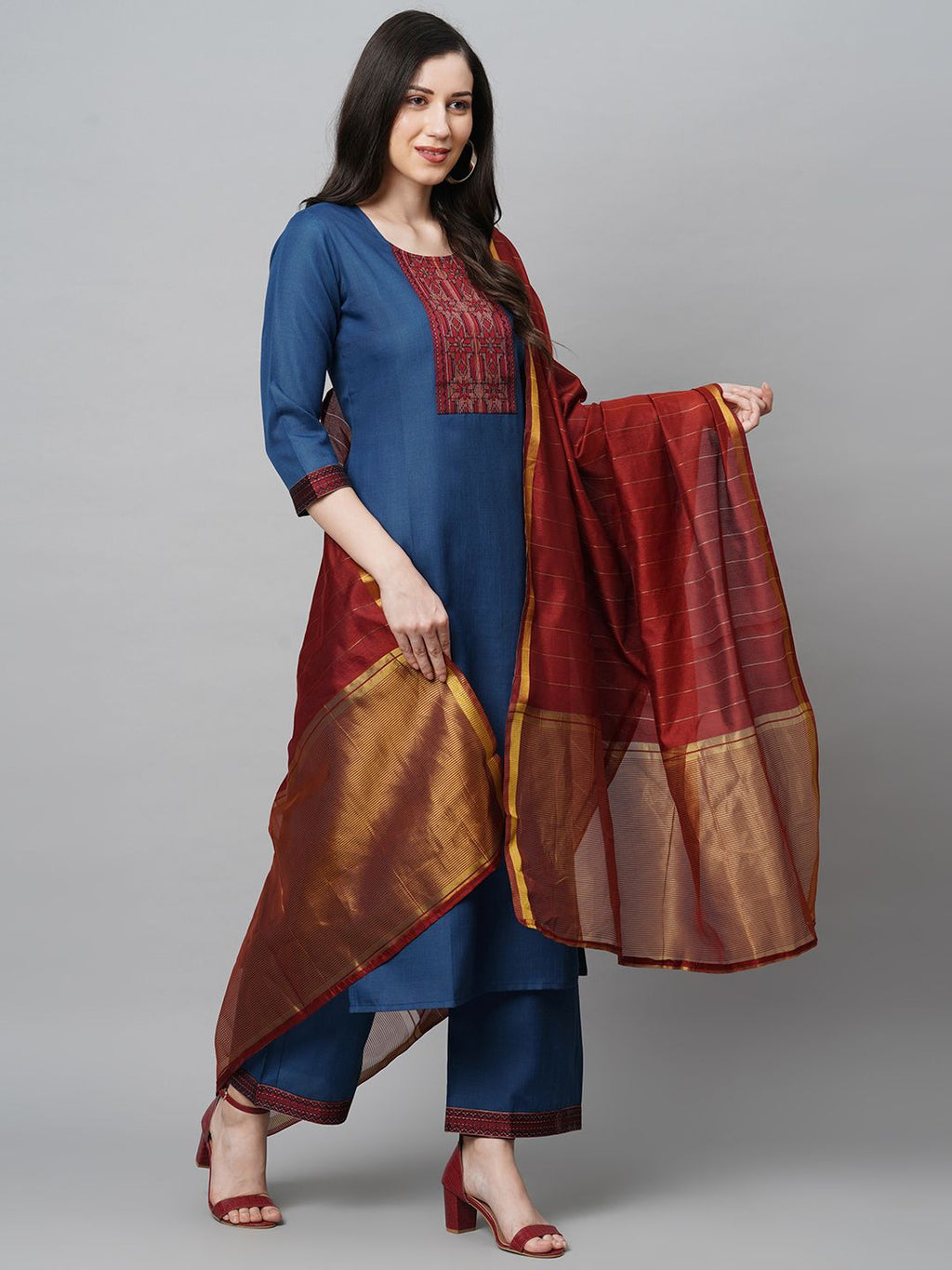 Dhimhi Women's Blue Printed Zardozi Kurta with Palazzos & Dupatta
