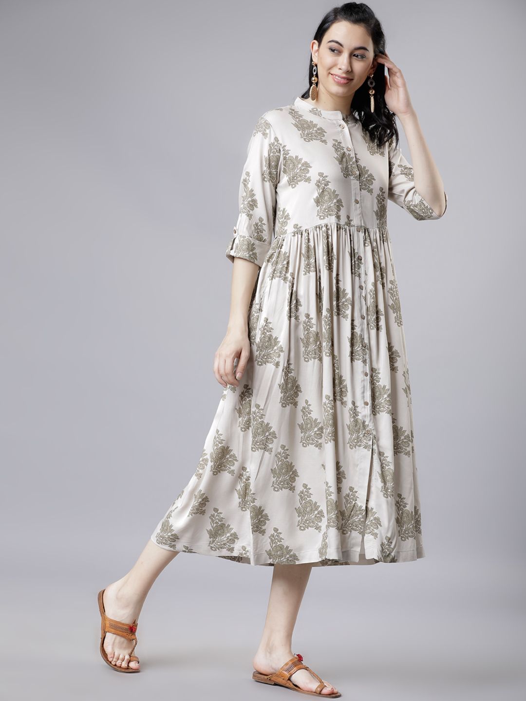 Dhimhi Women's Off-White & Green Floral Print A-Line Dress