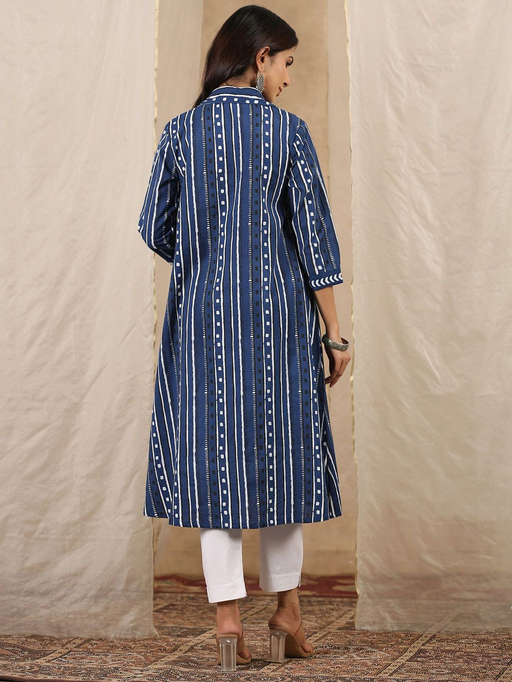 Shirt Collar Striped Pure Cotton A-Line Kurta