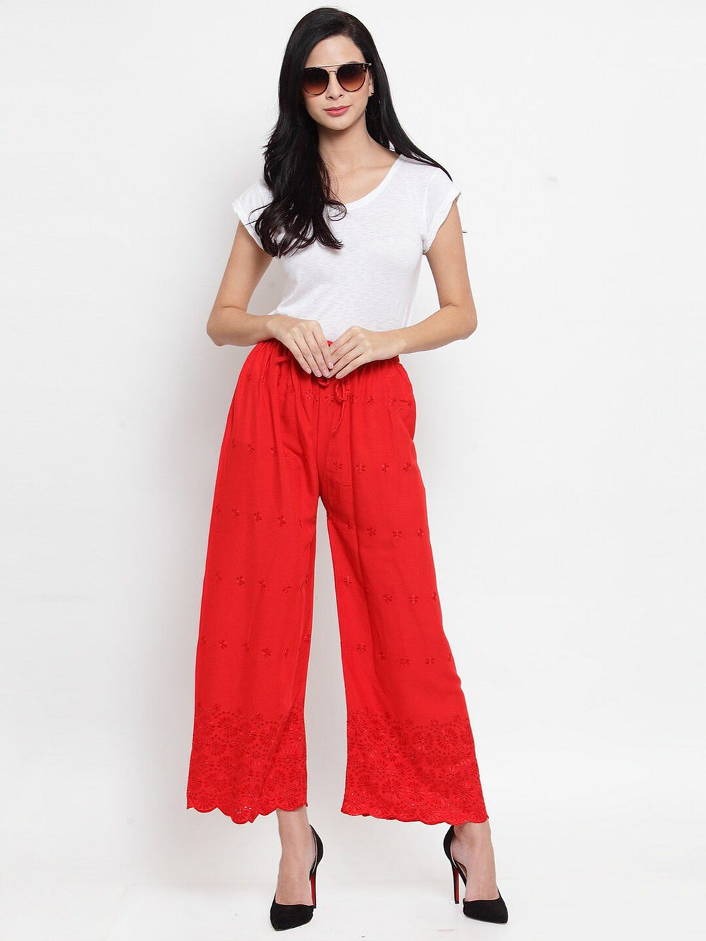 Dhimhi Women's Red Ethnic Motifs Chikankari Palazzos