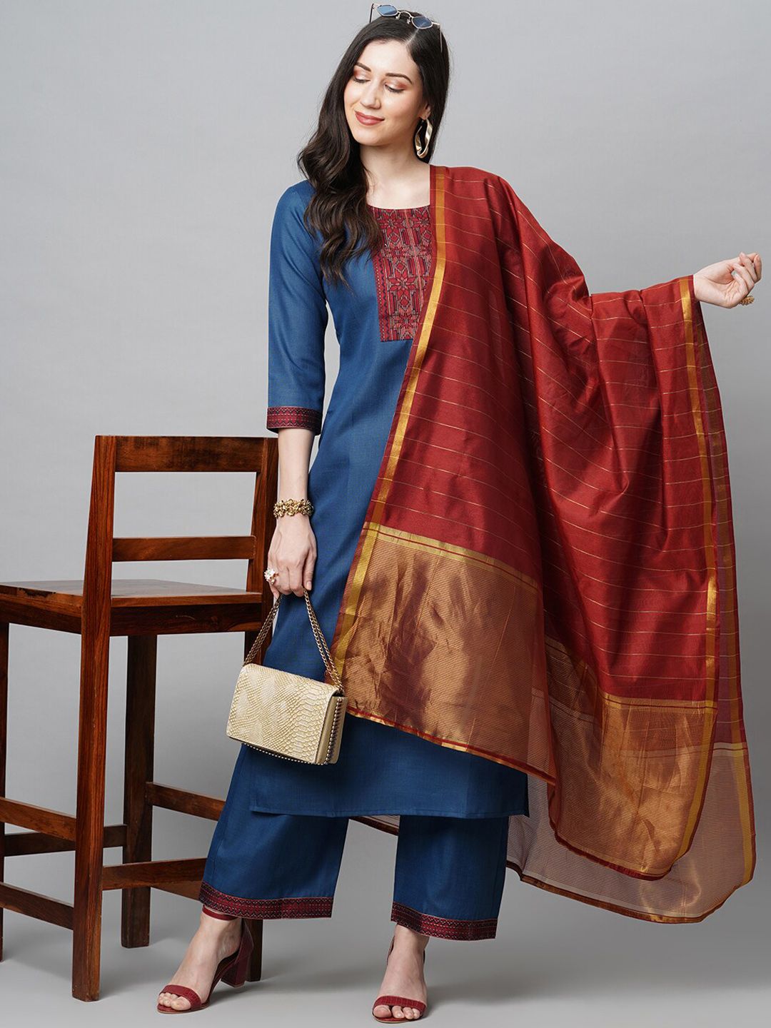 Dhimhi Women's Blue Printed Zardozi Kurta with Palazzos & Dupatta