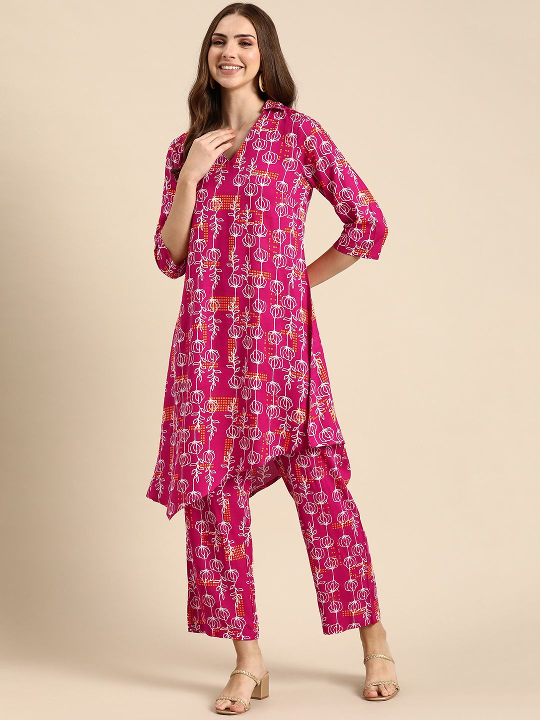 Dhimhi Women's Floral Printed Asymmetric Regular Kurta with Trousers