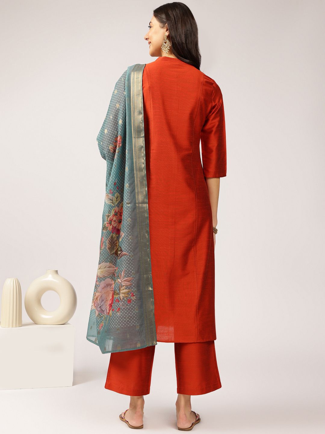 Dhimhi Women's Rust Mandarin Collar Straight Kurta with Palazzo and Dupatta