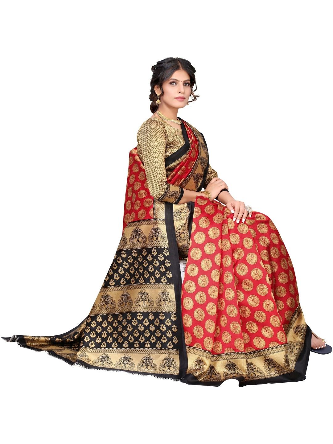 Dhimhi Women's Red & Green Peacock Printed Art Silk Saree