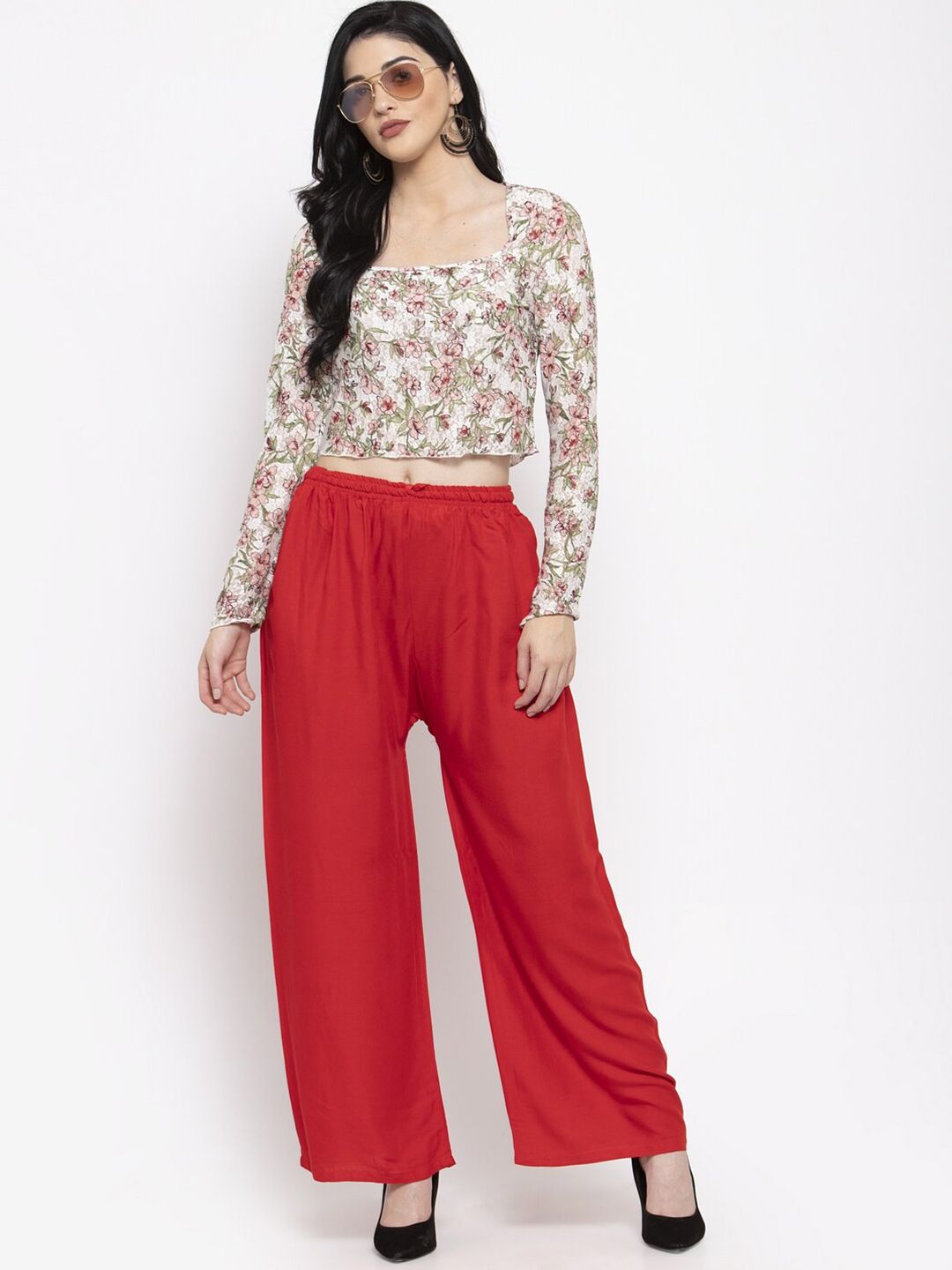 Dhimhi Women's Red Flared Ethnic Palazzos