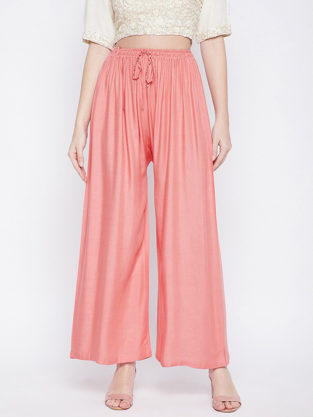 Dhimhi Women's Peach-Coloured Flared Palazzos