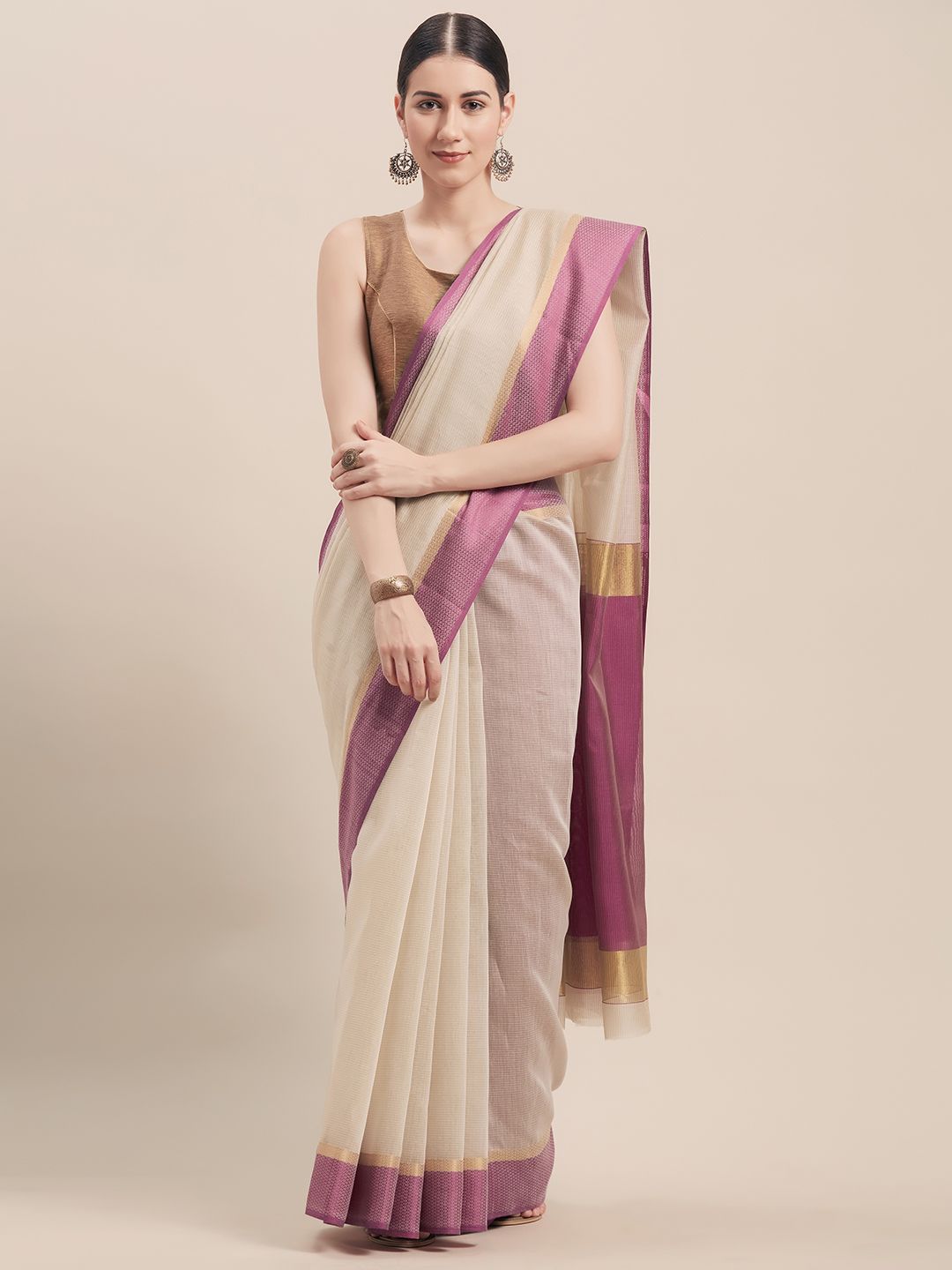 Dhimhi Women's Beige & Purple Cotton Blend Woven Design Saree