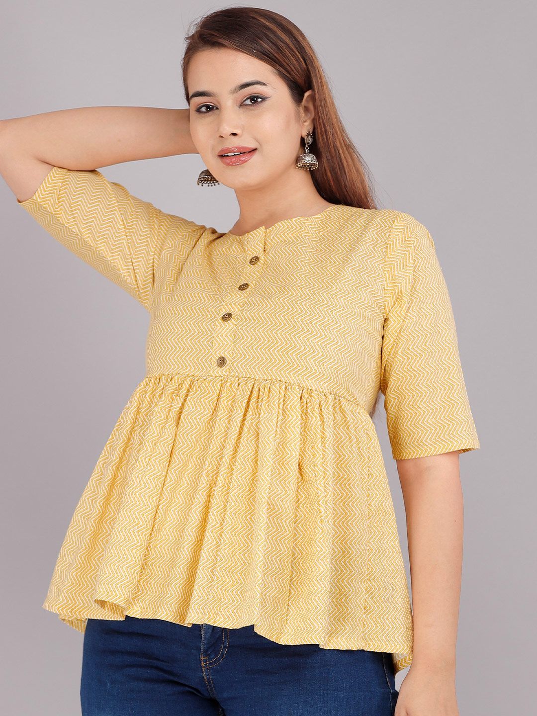 Dhimhi Women's Yellow Solid Pure Cotton Peplum Top