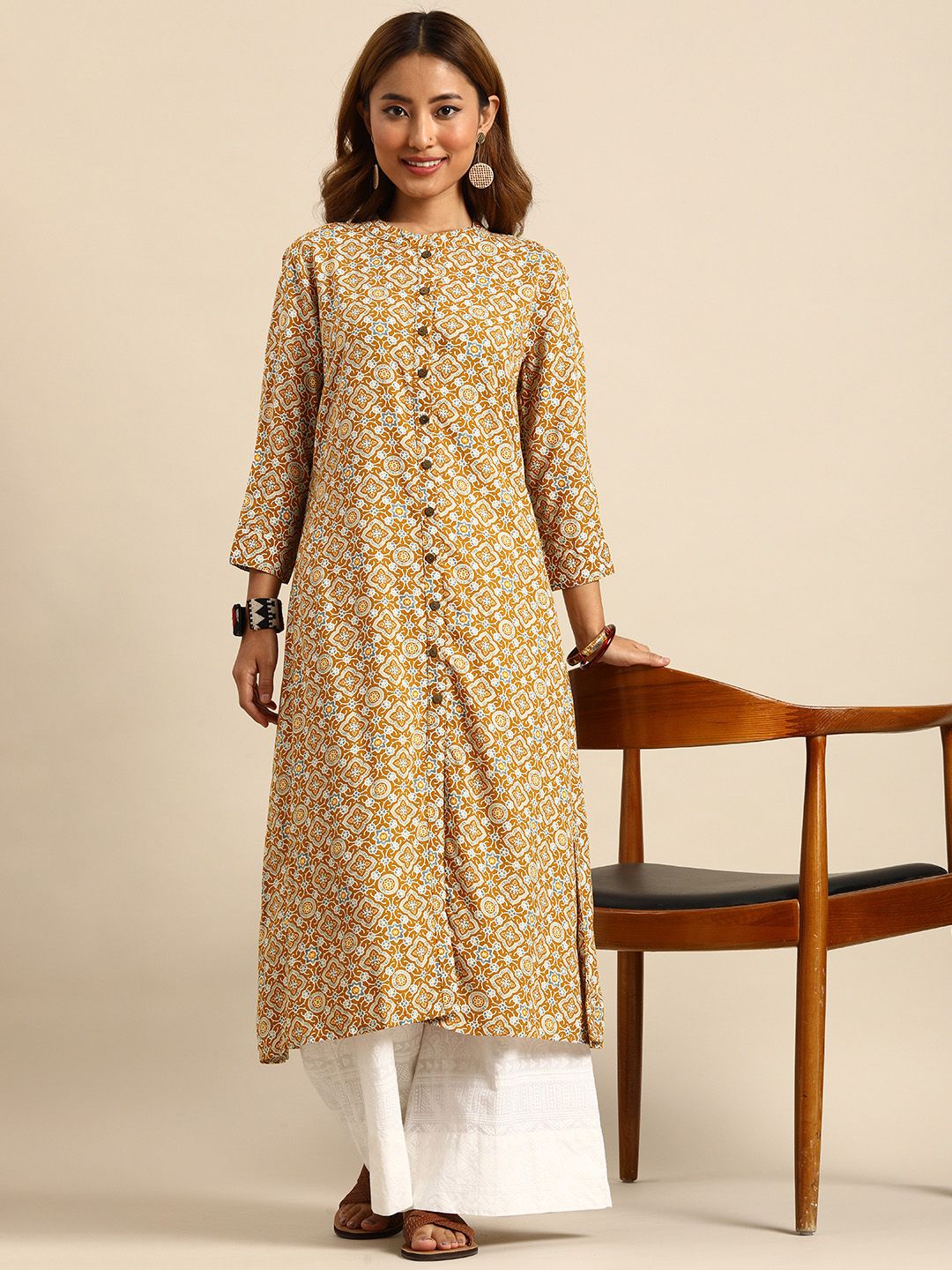 Women Mustard Yellow & Blue Printed Kurta