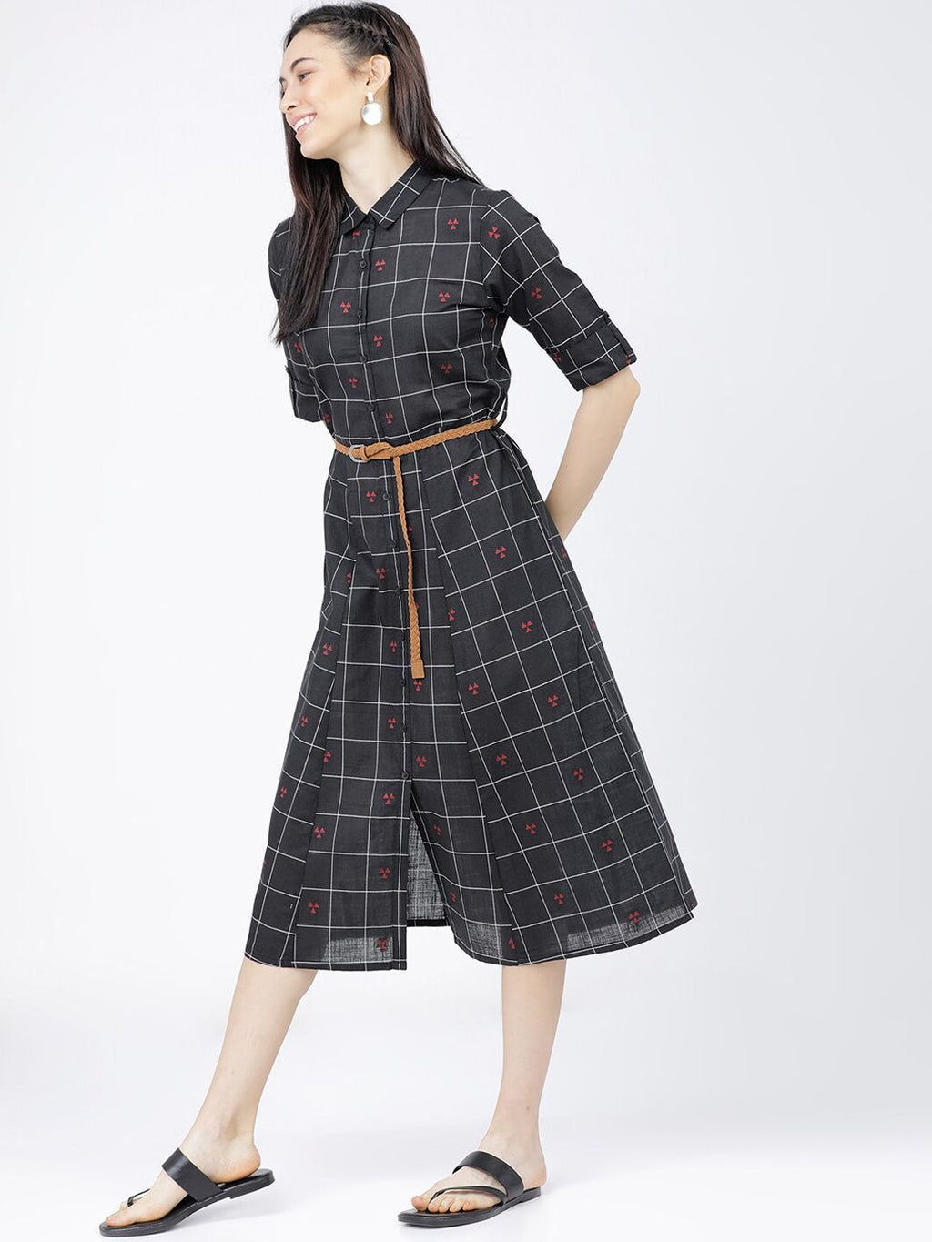 Dhimhi Women's Black & White Checked Shirt Midi Shirt Dress With Belt