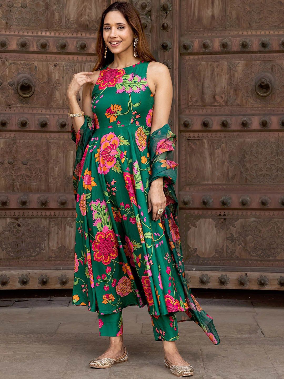 Dhimhi Women's Floral Printed Regular Kurta with Trousers & With Dupatta