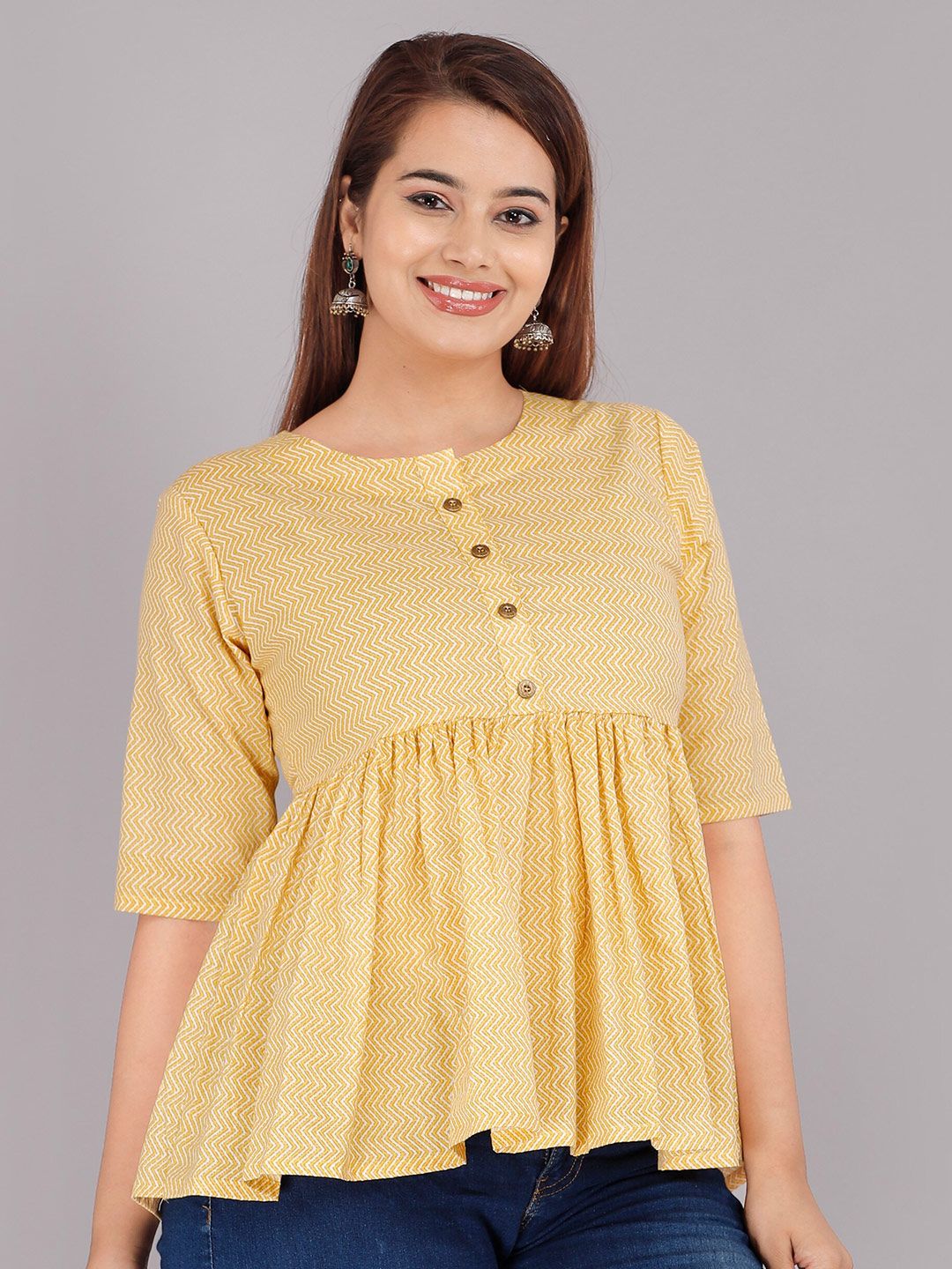 Dhimhi Women's Yellow Solid Pure Cotton Peplum Top