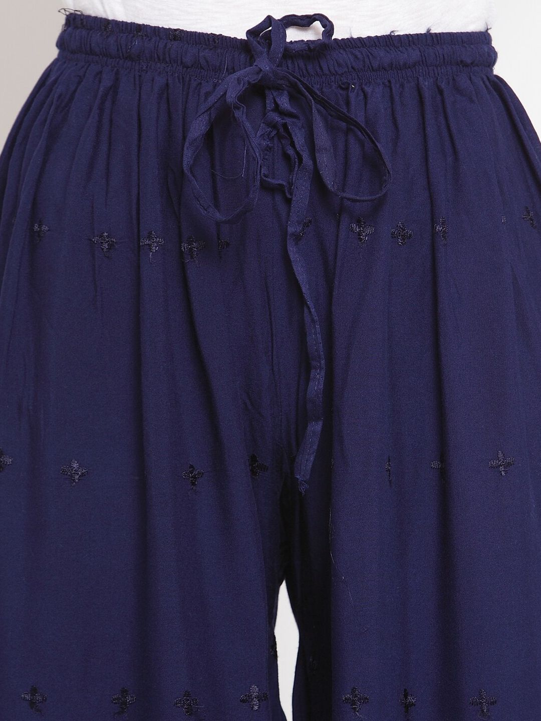 Dhimhi Women's Navy Blue Embroidered Chikankari Flared Palazzo