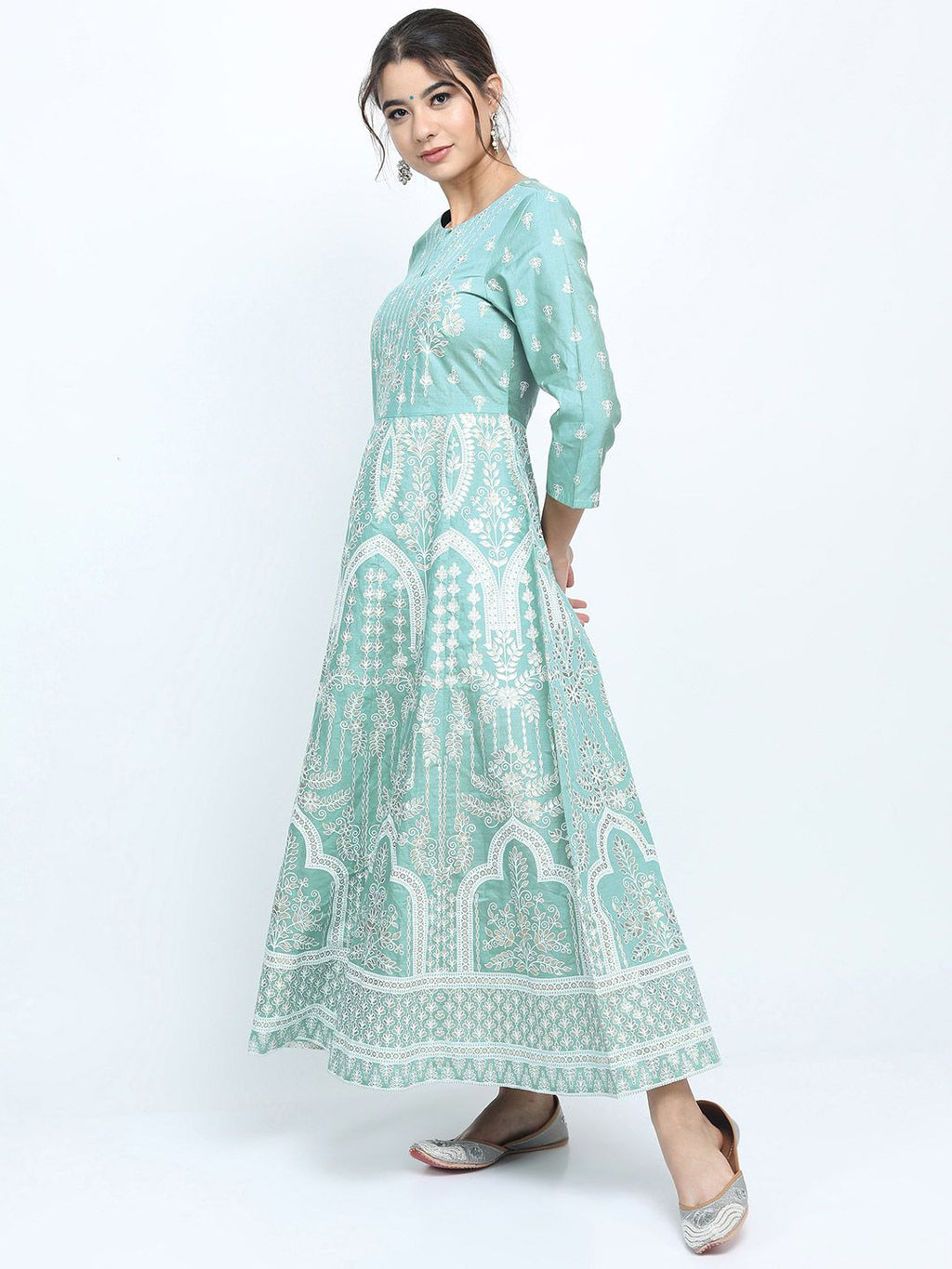 Dhimhi Women's Sea Green & White Ethnic Motifs Keyhole Neck A-line Dress