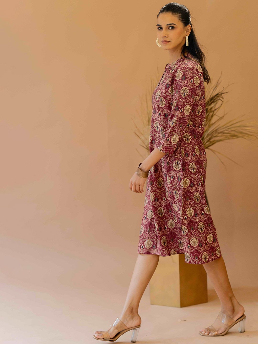 Ajrakh Printed Kantha Work Mandarin Collar Cotton A-line Kurta