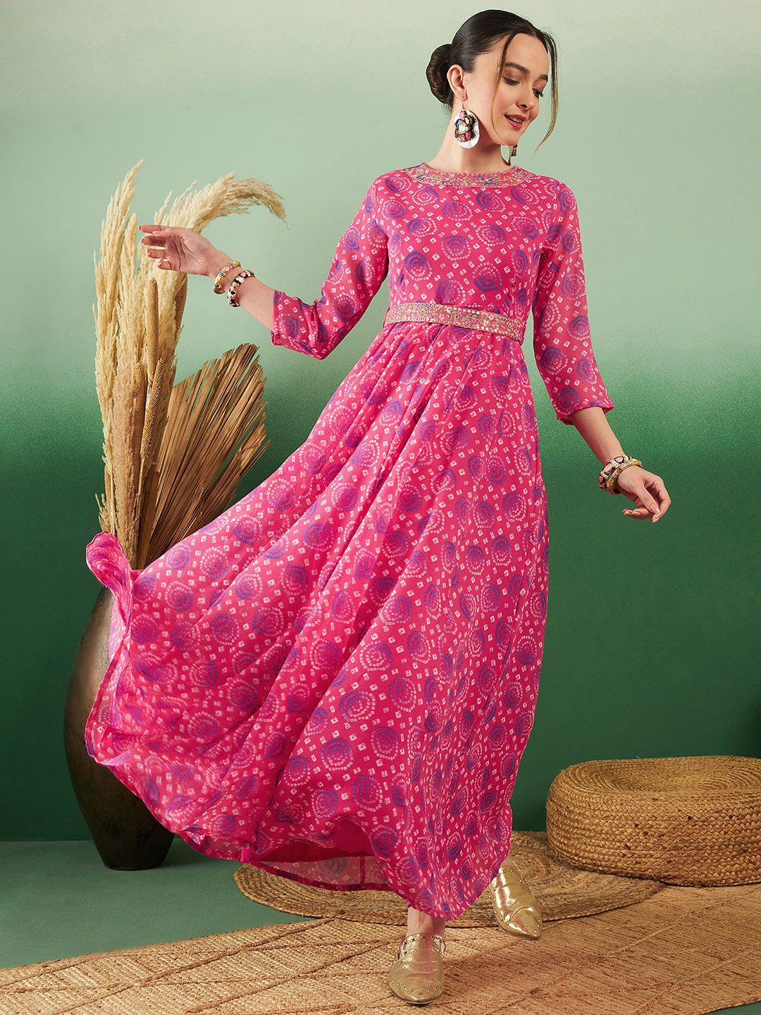 Dhimhi Women's Bandhani Printed Georgette Ethnic Maxi Fit & Flared Dress With Belted Detail