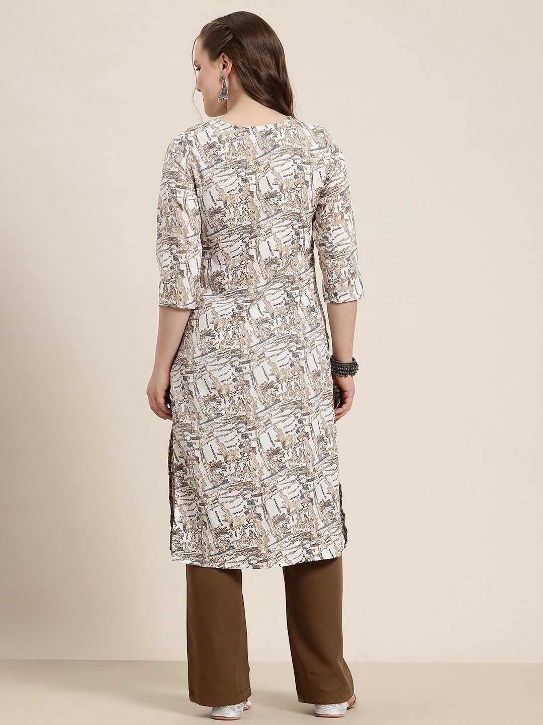 Abstract Print Notched Round Neck Calf-Length Straight Kurta