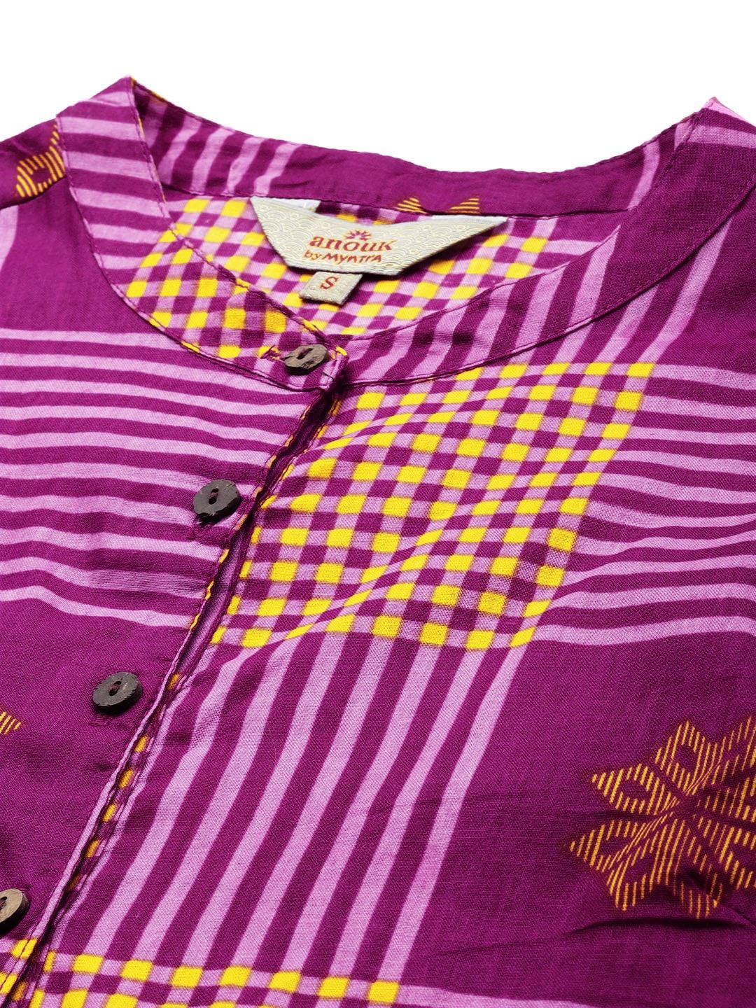 Women Checked & Ethnic Motifs Print Band Collar Pastels Cotton Straight Kurta