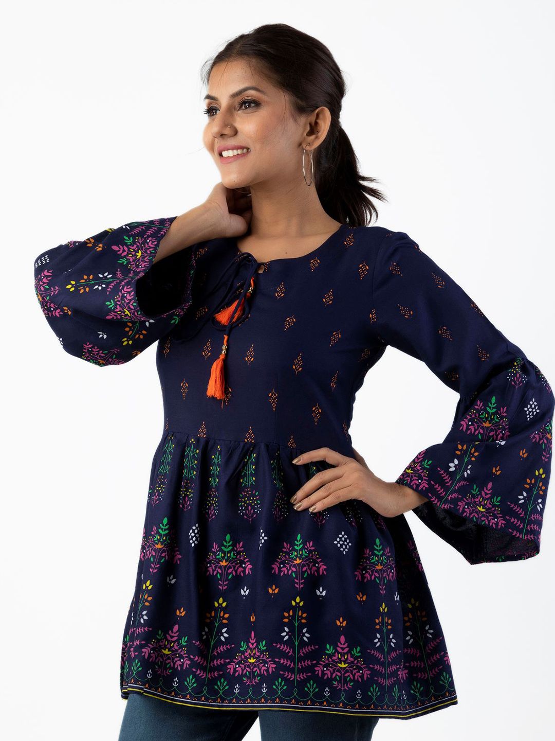 Dhimhi Women's Blue Floral Print Tie-Up Neck Indigo Empire Top