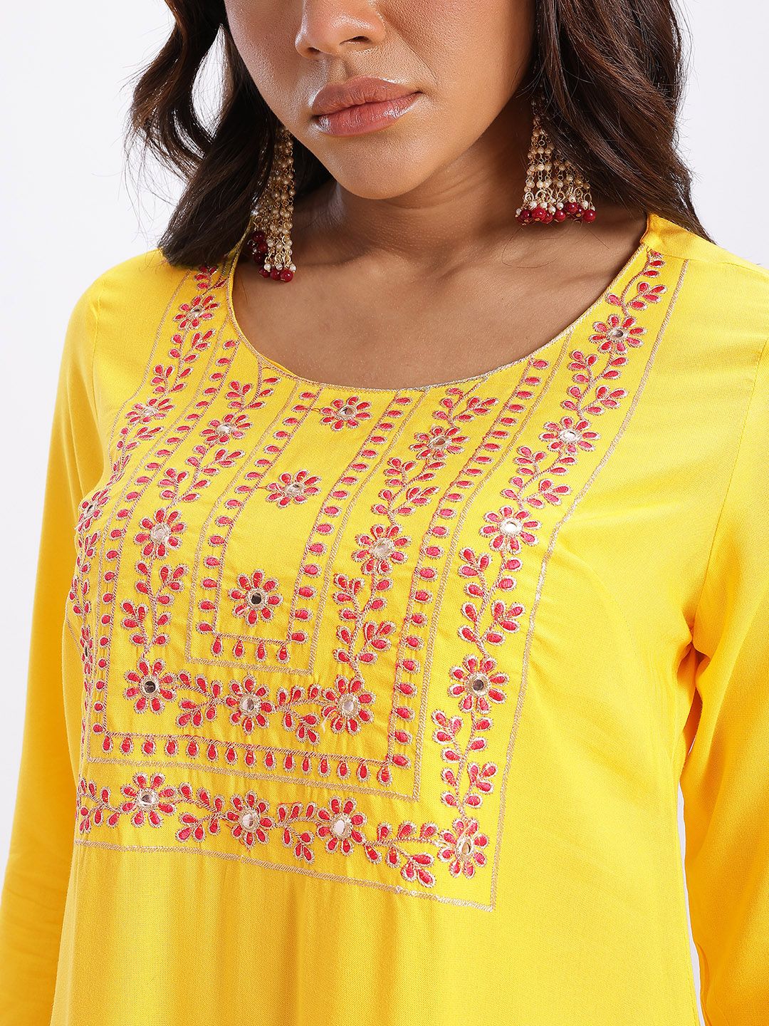 Dhimhi Women's Yoke Design Regular Mirror Work Kurta with Trousers & Dupatta