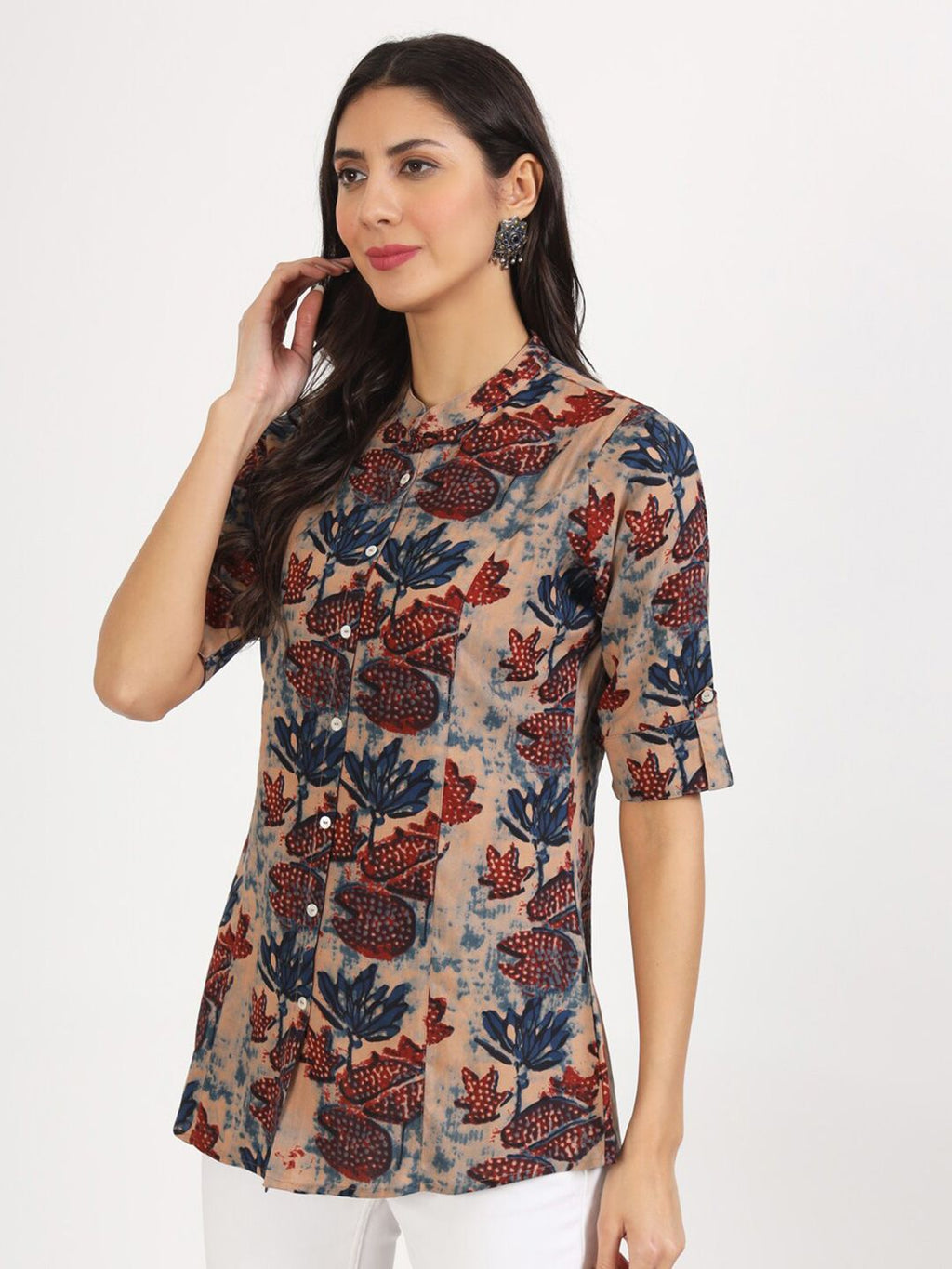 Dhimhi Women's Floral Printed Mandarin Collar Roll-Up Sleeves Shirt Style Top