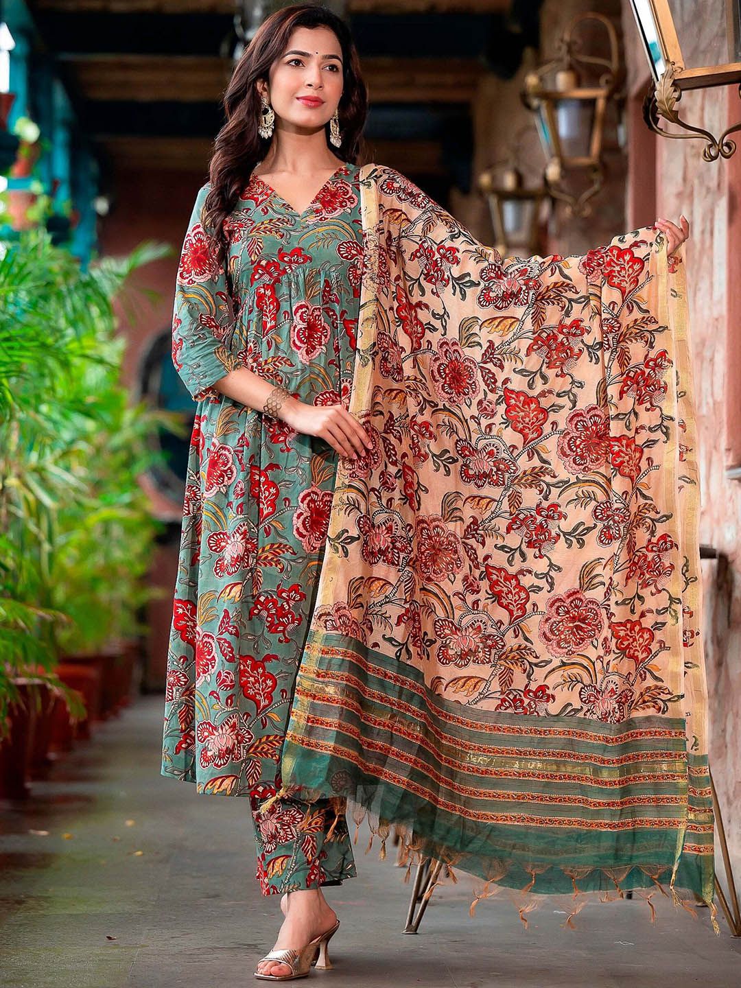 Dhimhi Women's Floral Printed Empire Kurta with Trousers & Dupatta