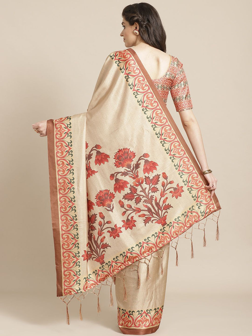 Dhimhi Women's Beige & Rust Orange Solid Saree