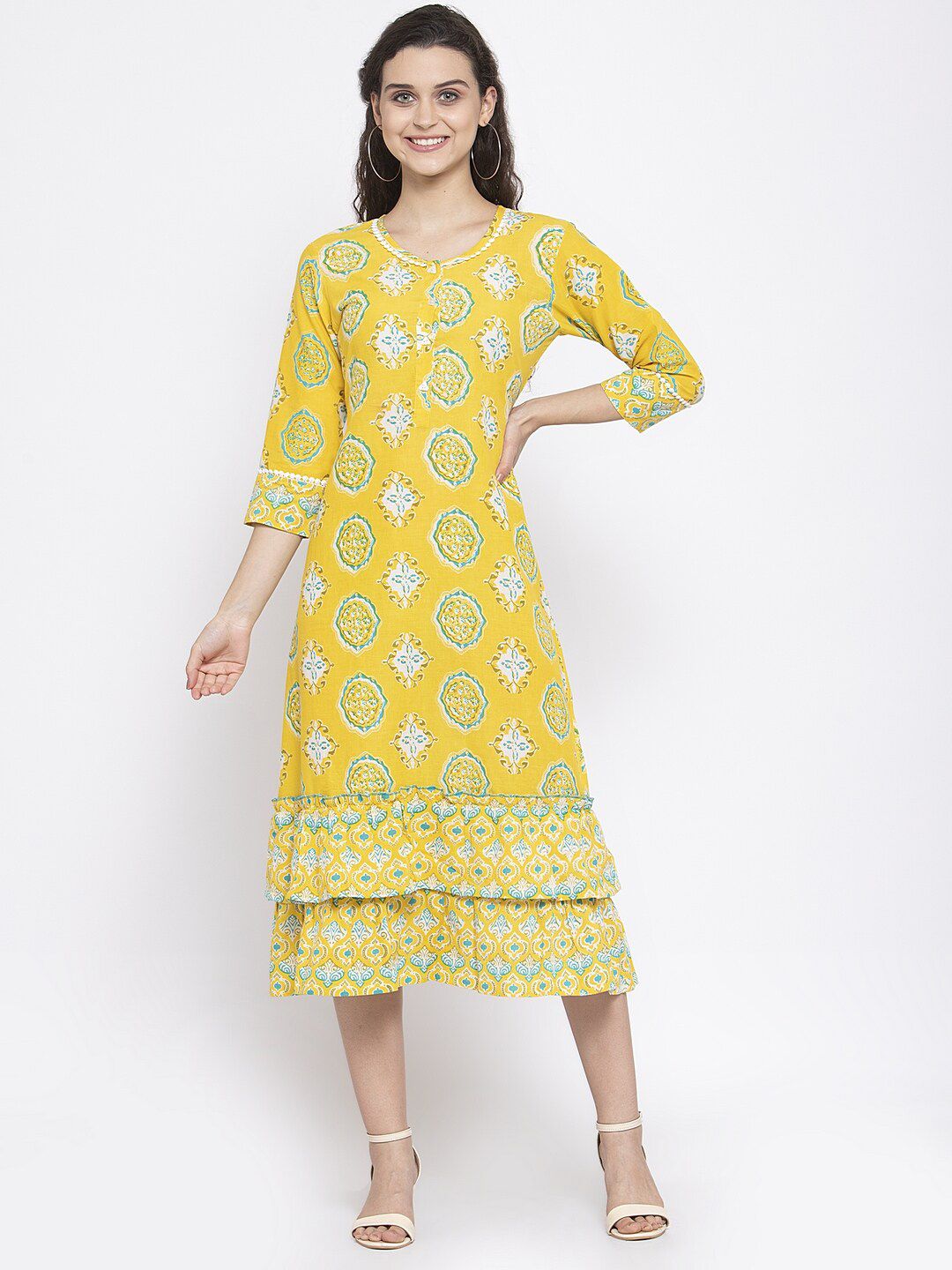 Dhimhi Women's Yellow Ethnic Motifs Printed A-Line Dress