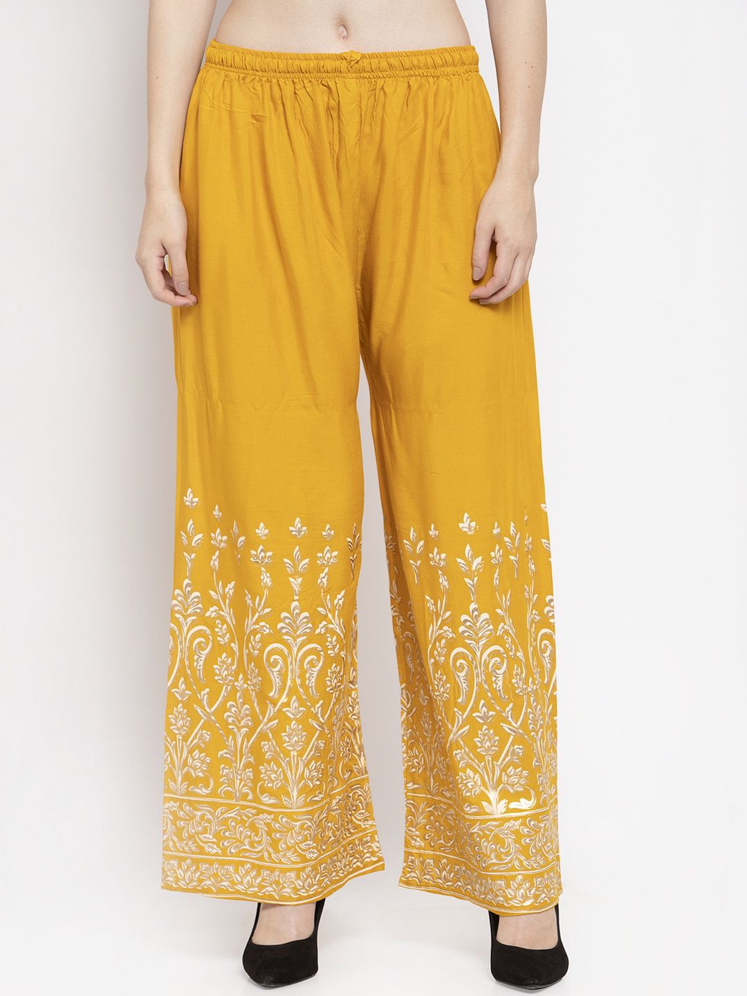 Dhimhi Women's Mustard Yellow Printed Wide Leg Palazzos