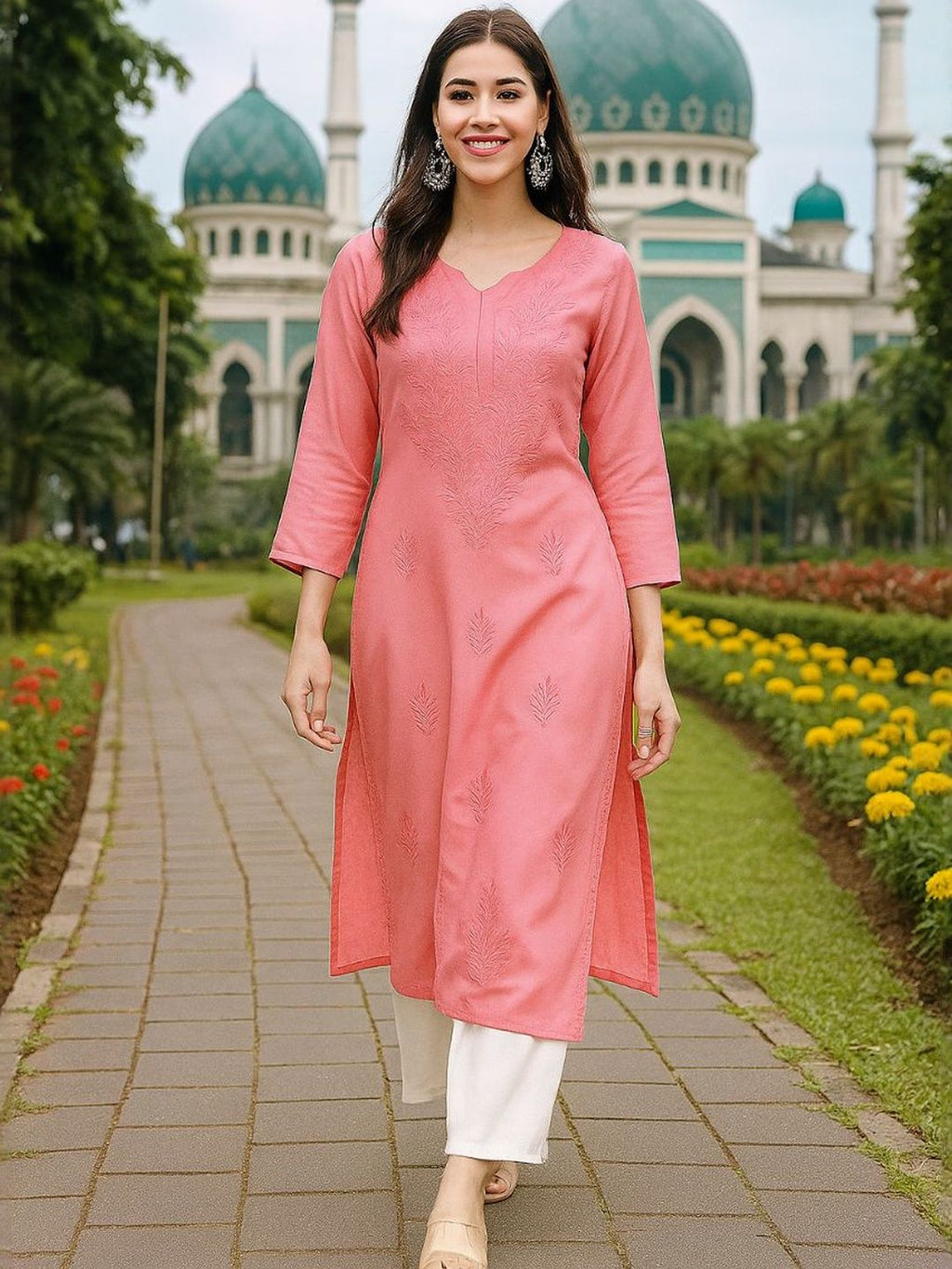 Women Pink Embroidered Straight Kurtas