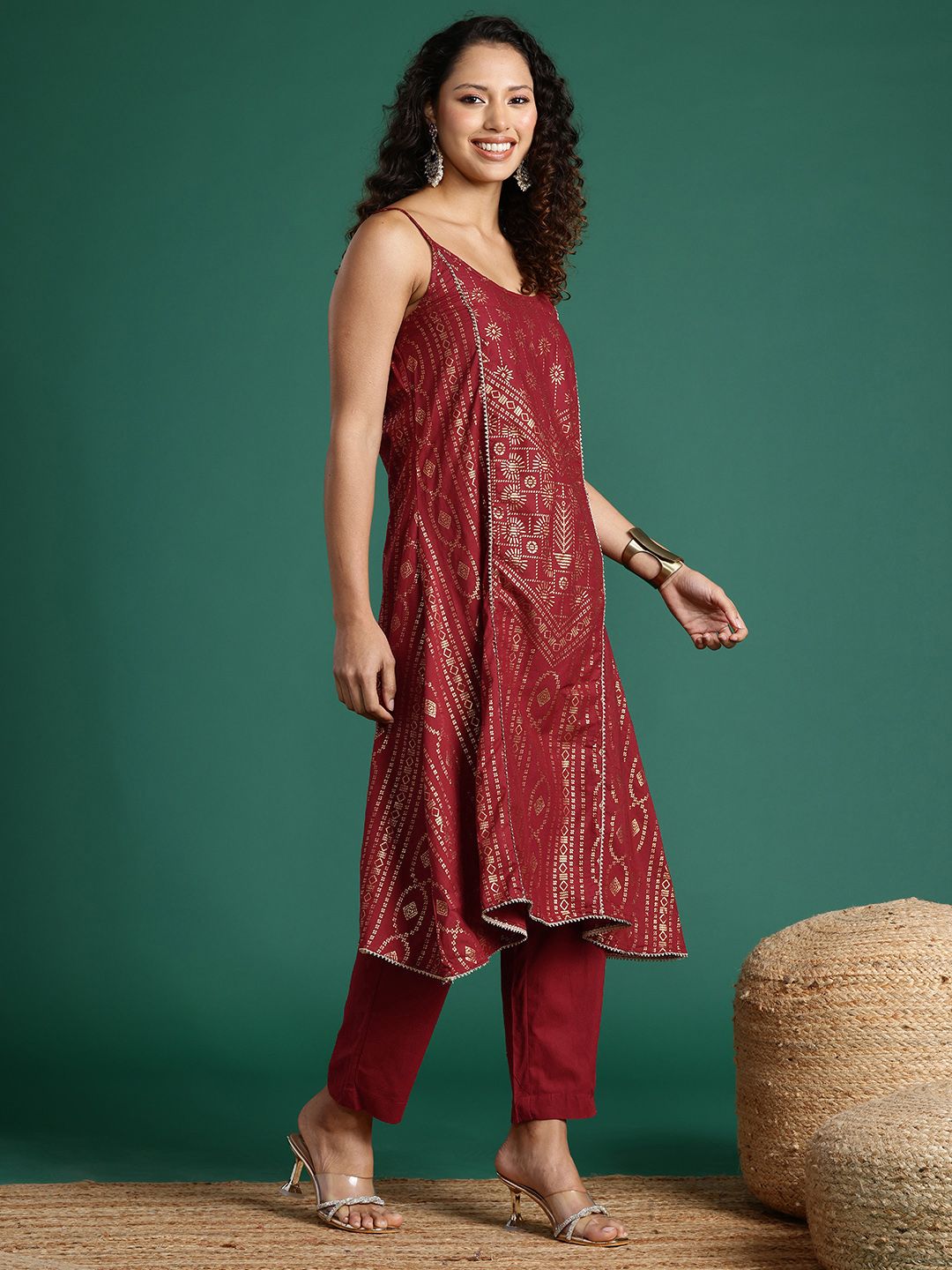 Dhimhi Women's Ethnic Foil Printed Shoulder Straps Pure Cotton Kurta Set