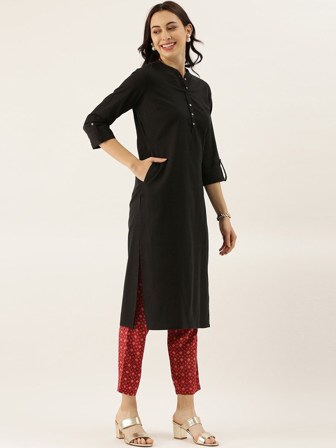 Mandarin Collar Roll-Up Sleeves Cotton Straight Kurta