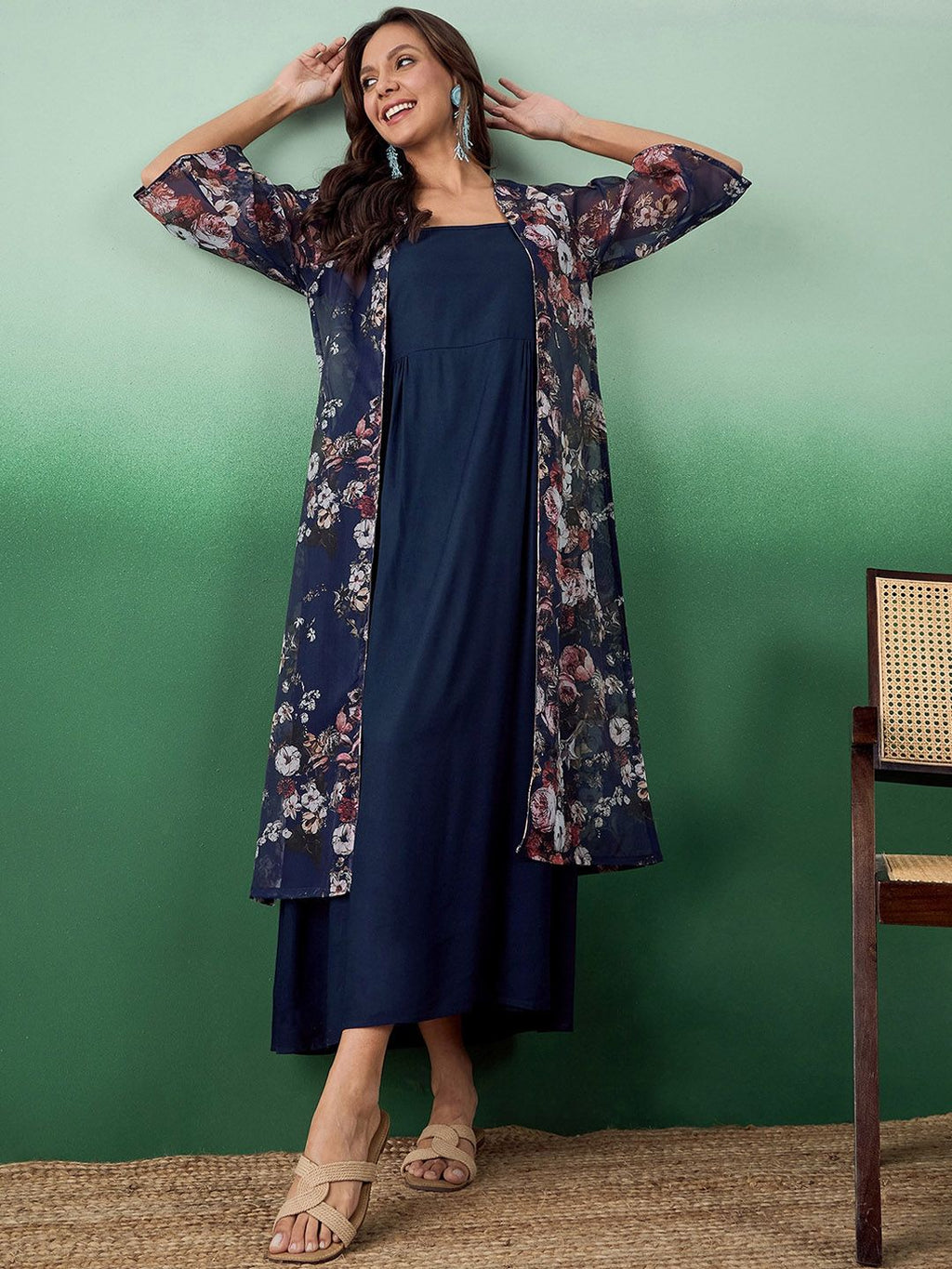 Dhimhi Women's Fit & Flare Ethnic Dress With Floral Printed Jacket