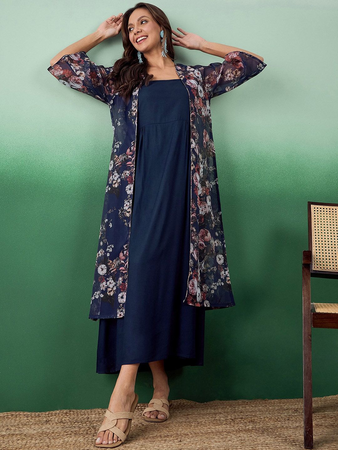 Dhimhi Women's Fit & Flare Ethnic Dress With Floral Printed Jacket