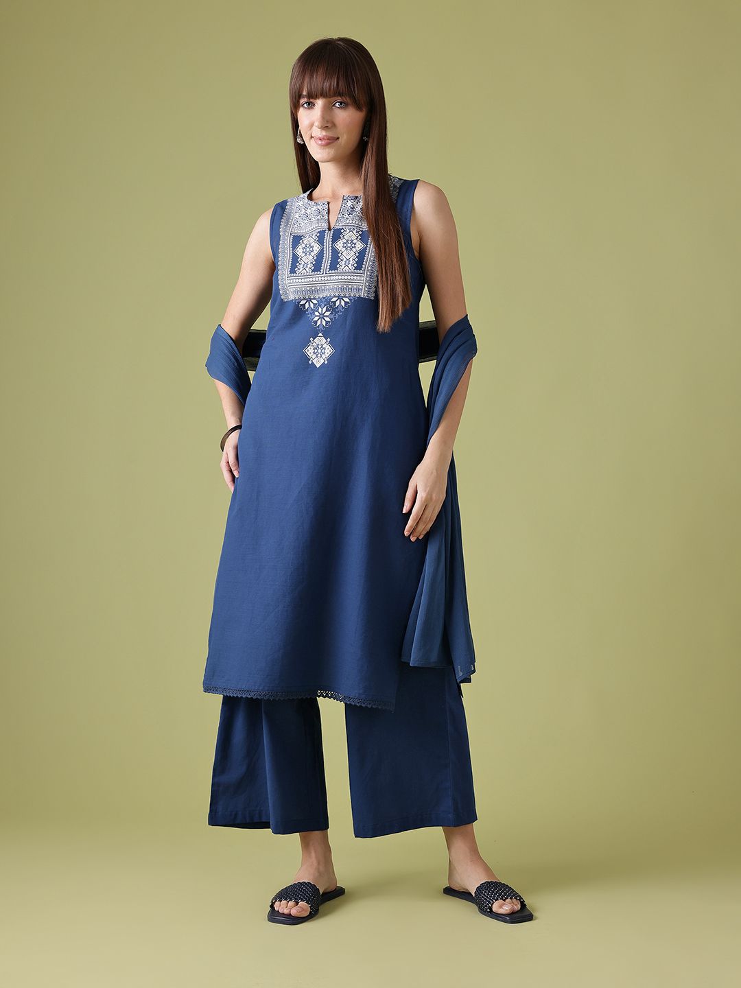 Dhimhi Women's Ethnic Motifs Yoke Design Pure Cotton Kurta with Trousers & Dupatta