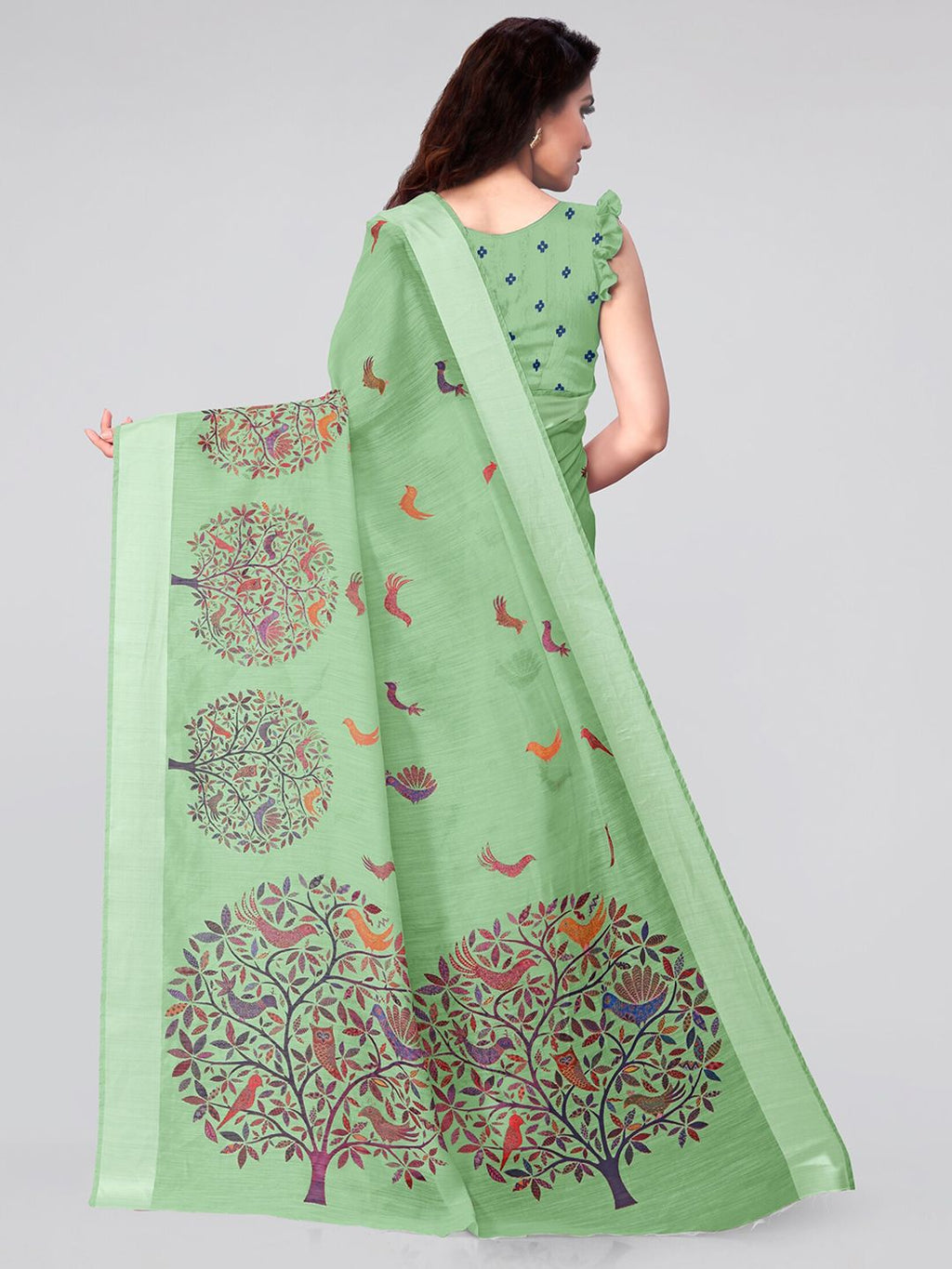 Dhimhi Women's Sea Green & Red Ethnic Motifs Saree