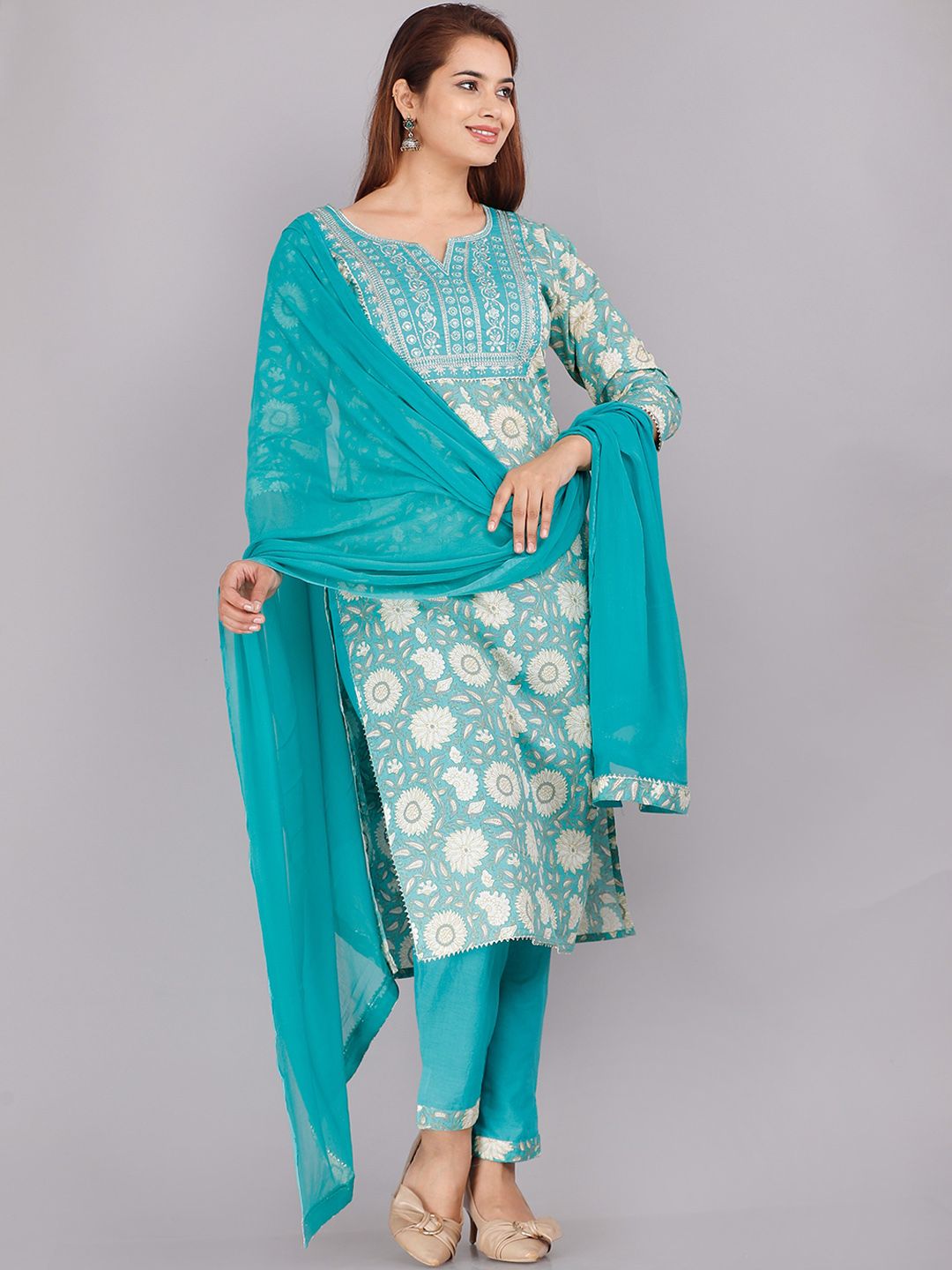Dhimhi Women's Blue Ethnic Motifs Printed Pure Cotton Kurta with Trousers & With Dupatta