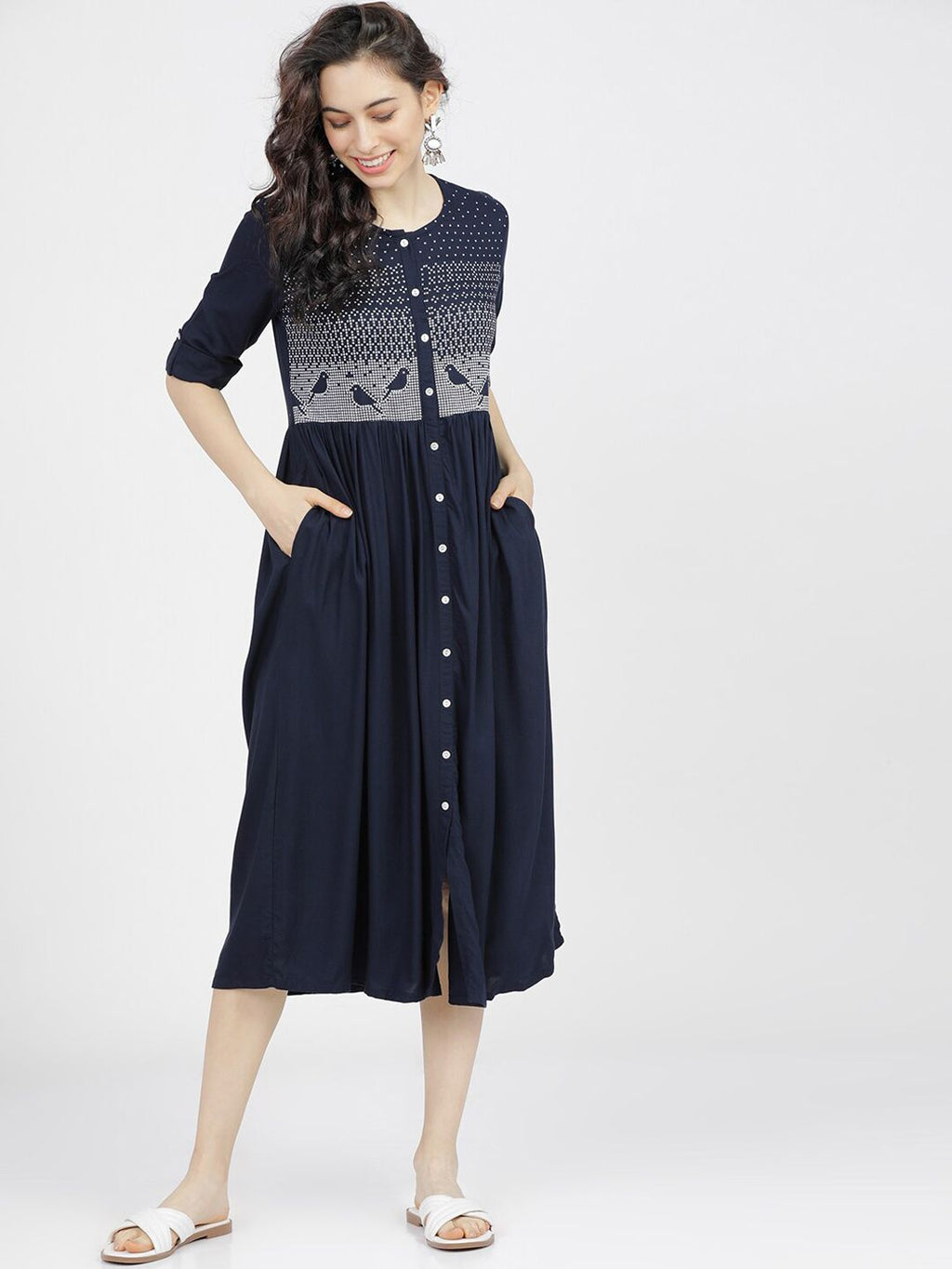 Dhimhi Women's Navy Blue & White Ethnic Motifs Midi Dress