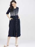 Dhimhi Women's Navy Blue & White Ethnic Motifs Midi Dress