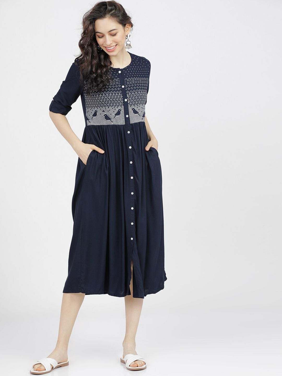 Dhimhi Women's Navy Blue & White Ethnic Motifs Midi Dress