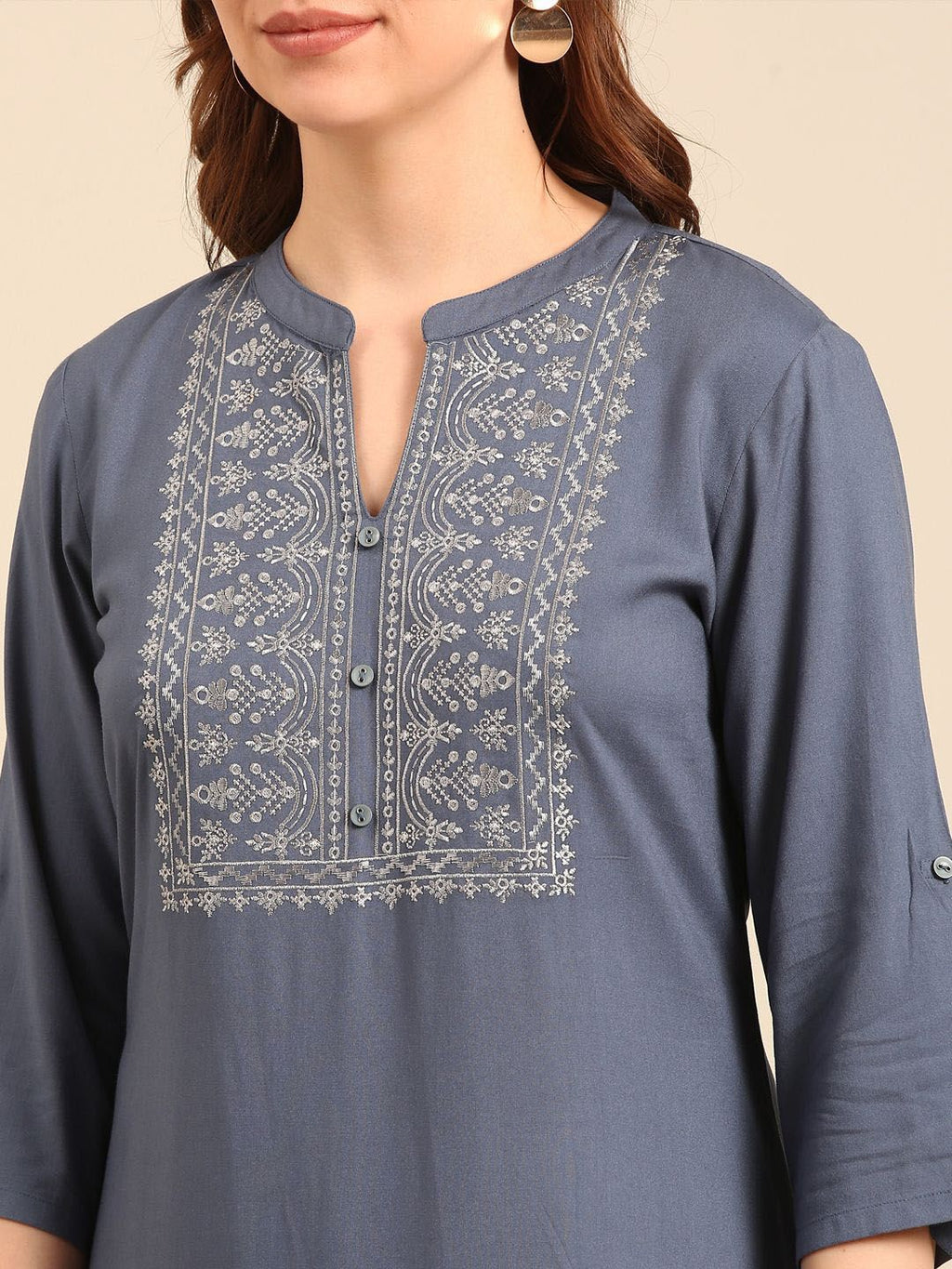 Grey Floral Yoke Designed Mandarin Collar Thread Work Cotton Straight Kurta