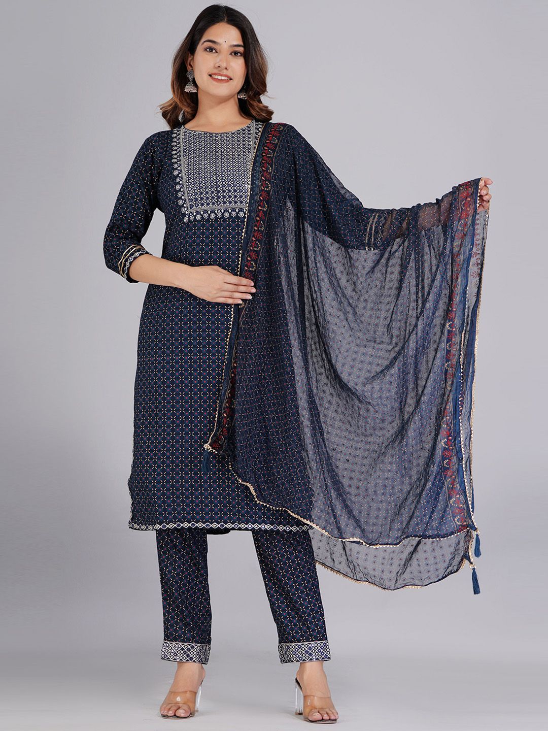 Dhimhi Women's Ethnic Motifs Printed Mirror Work Kurta With Trousers & Dupatta