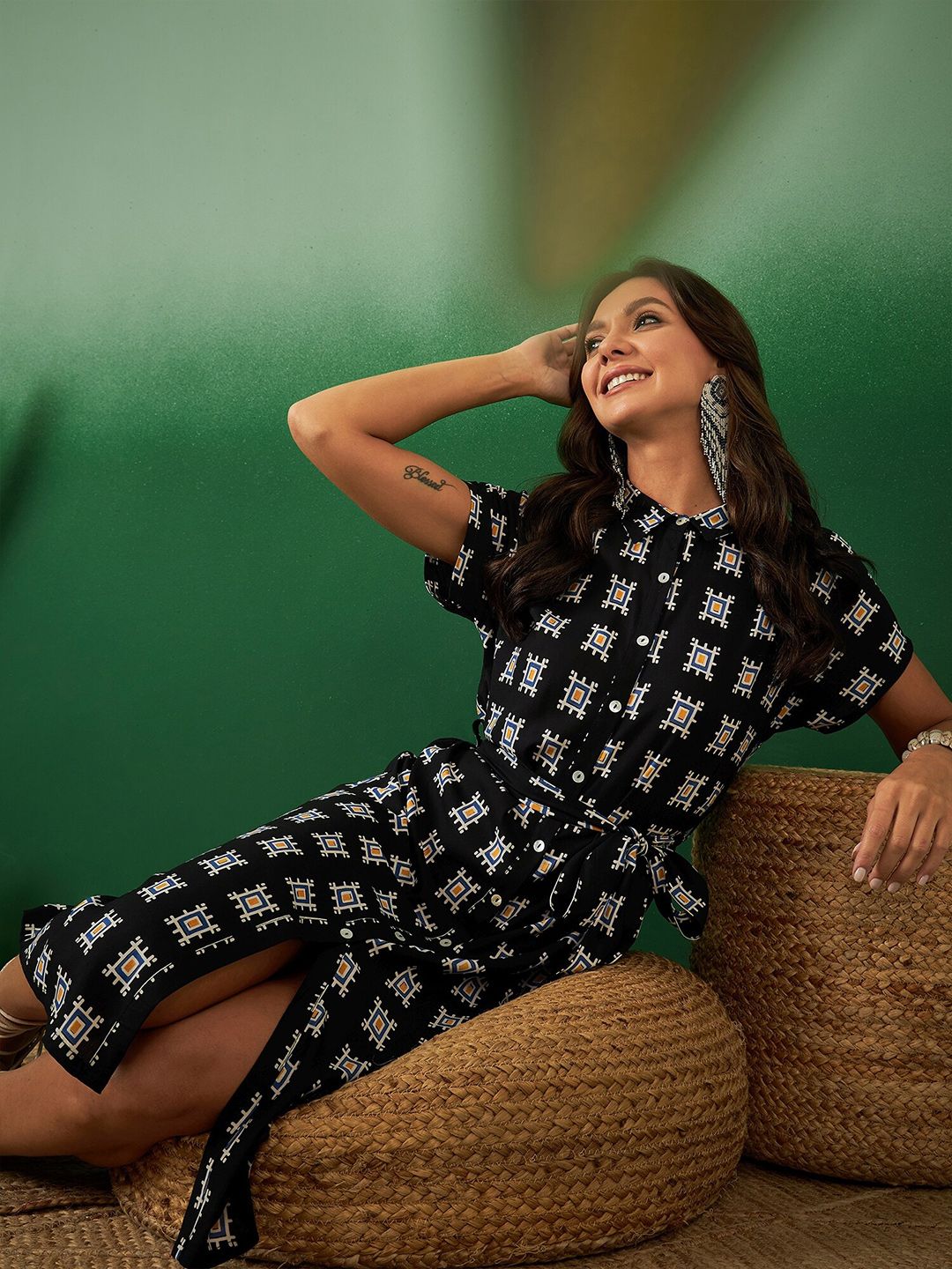 Dhimhi Women's Abstract Printed Belted Shirt Ethnic Dress