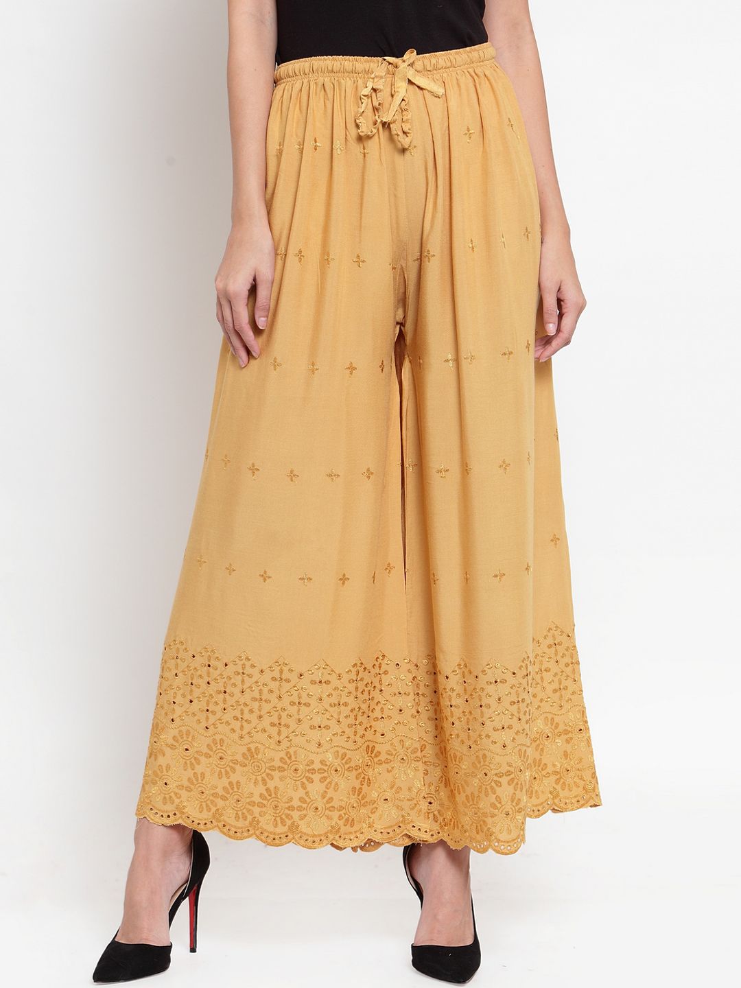 Dhimhi Women's Beige Embroidered Wide Leg Palazzos