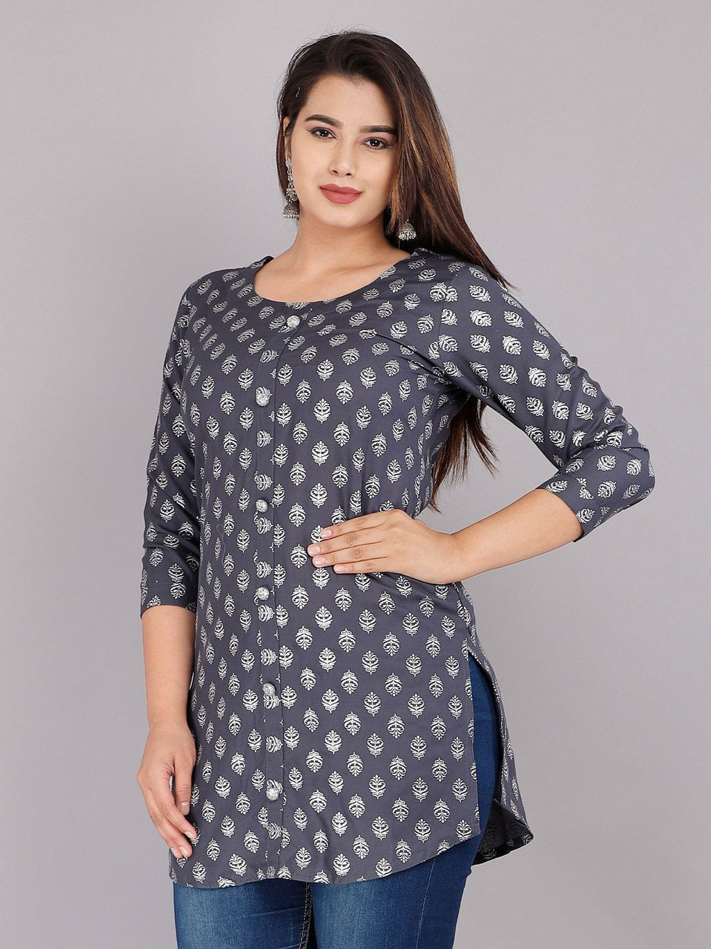 Dhimhi Women's Grey Print Viscose Rayon Longline Top